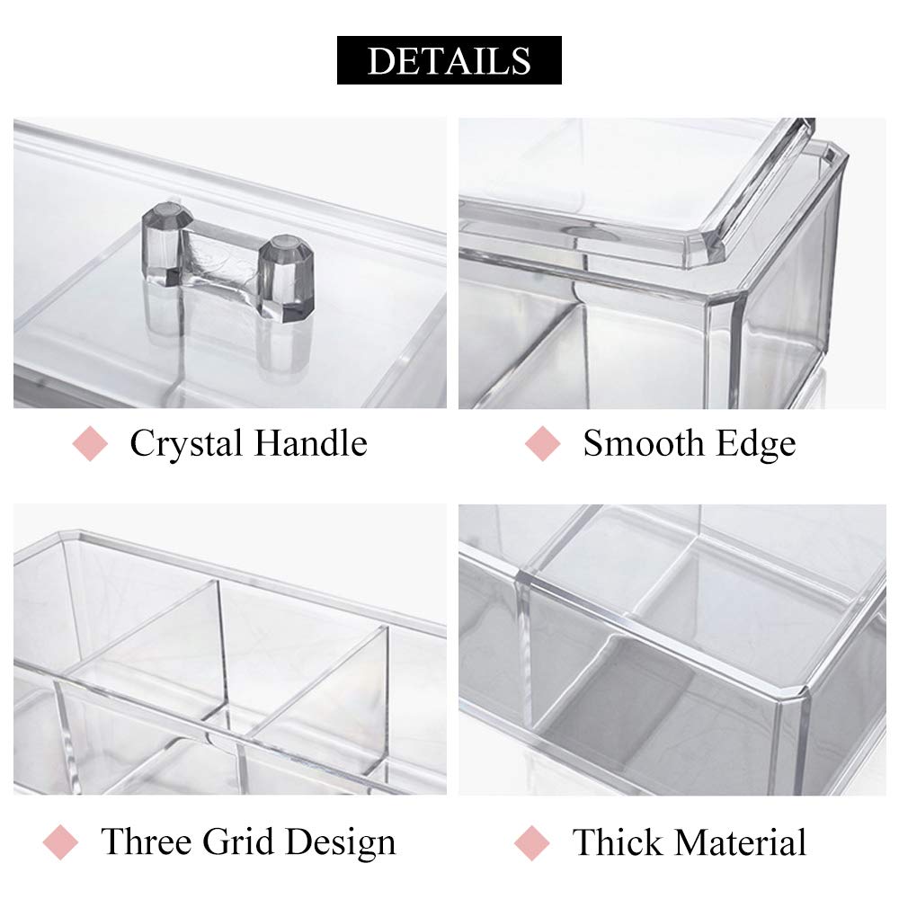 Acrylic Cotton Ball & Swab Organizer - 3 Compartment Dustproof Container for Makeup & Cosmetics - Bathroom & Vanity Storage