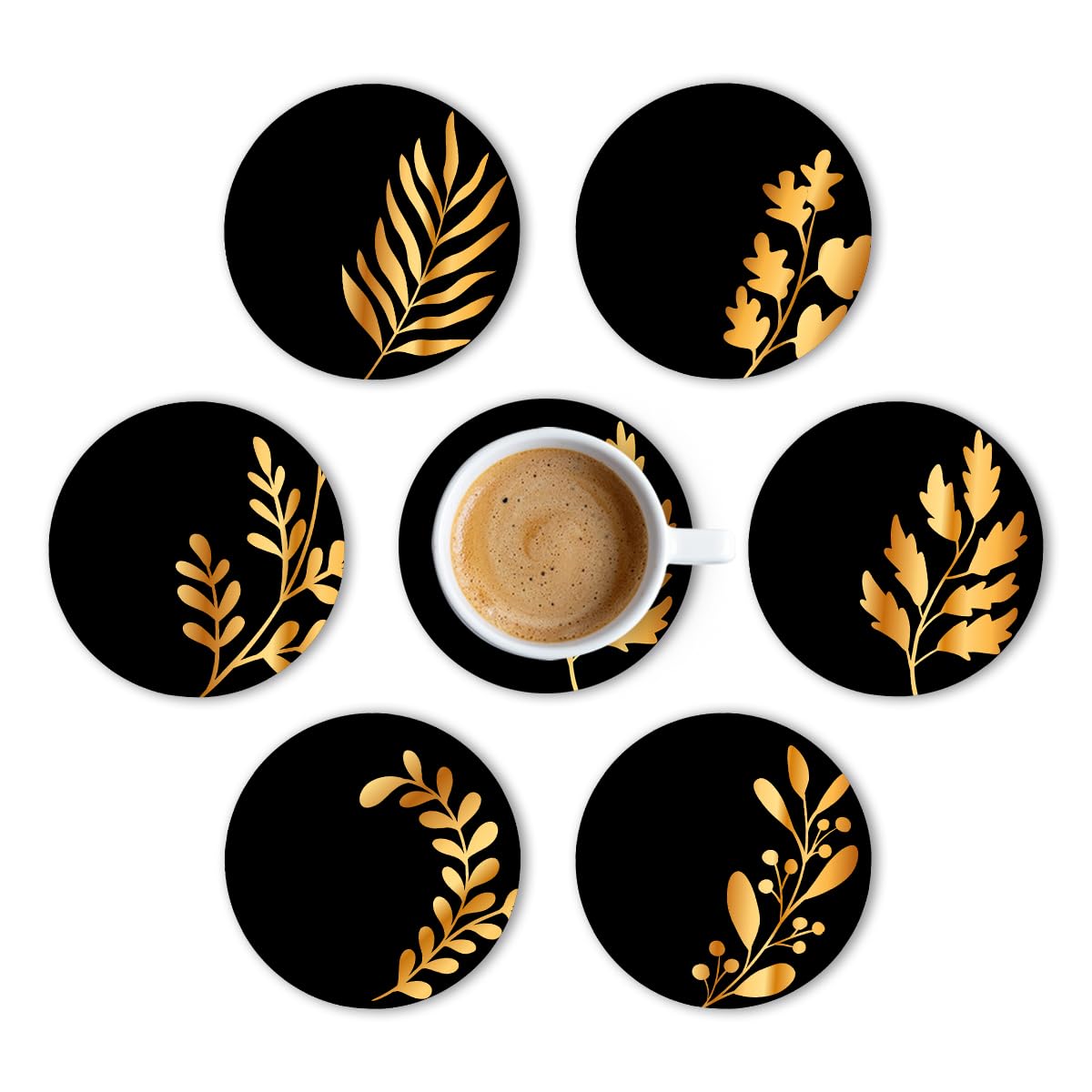 Premium Round Black Leaf Wooden Coasters Set of 6 - 3.5x3.5 Inch - Elegant Drink Coasters for Tea Cups, Coffee Mugs & Glasses - Perfect Diwali Gift & Home Decor for Dining Table, Office Desk or Living Room