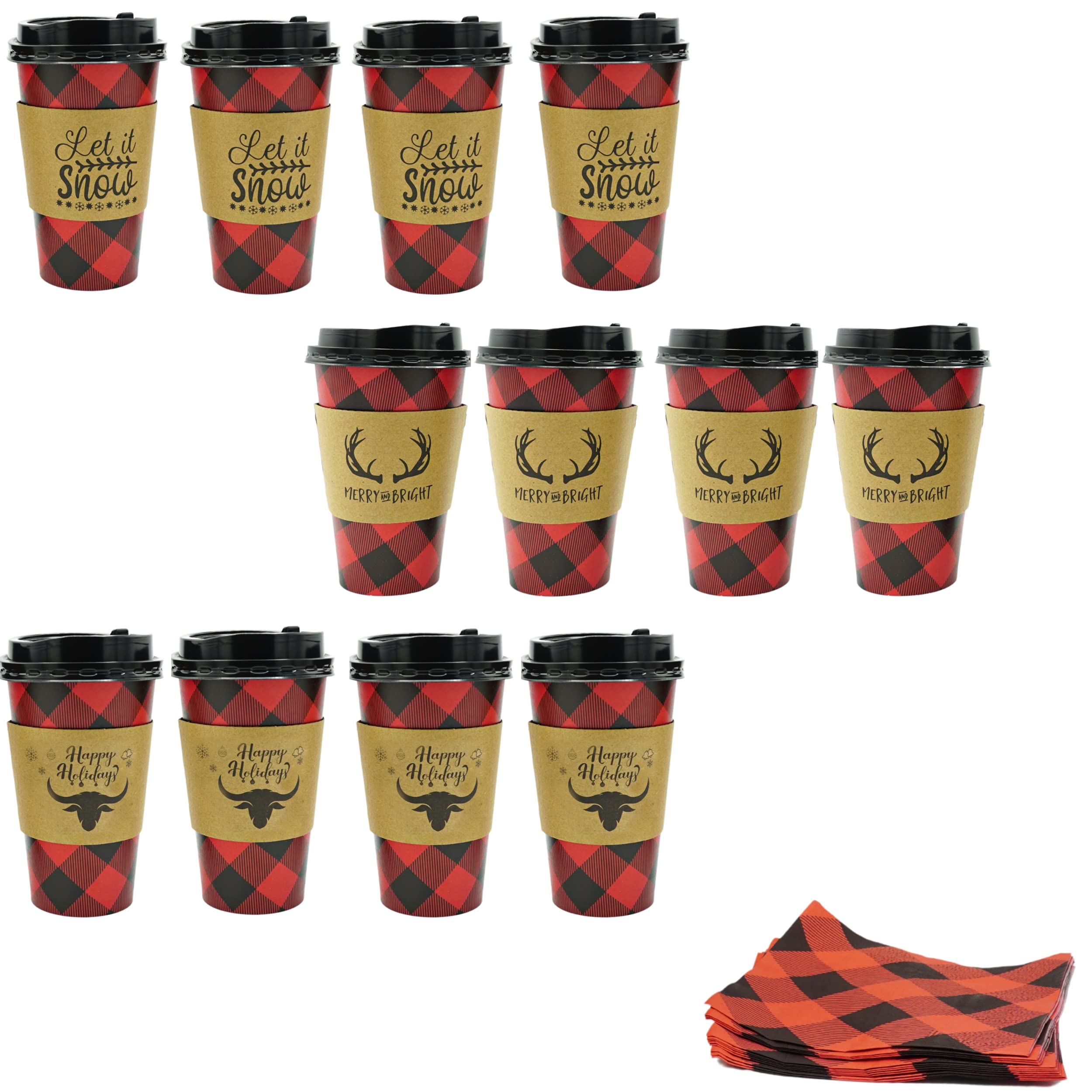 16oz Buffalo Plaid Christmas Disposable Coffee Cups with Lids & Sleeves (12 Pack) - Insulated Paper Cups for Hot Cocoa, Hot Chocolate Bar, Lumberjack Party Supplies - Perfect for Holiday Gatherings, Office Parties & Winter Celebrations