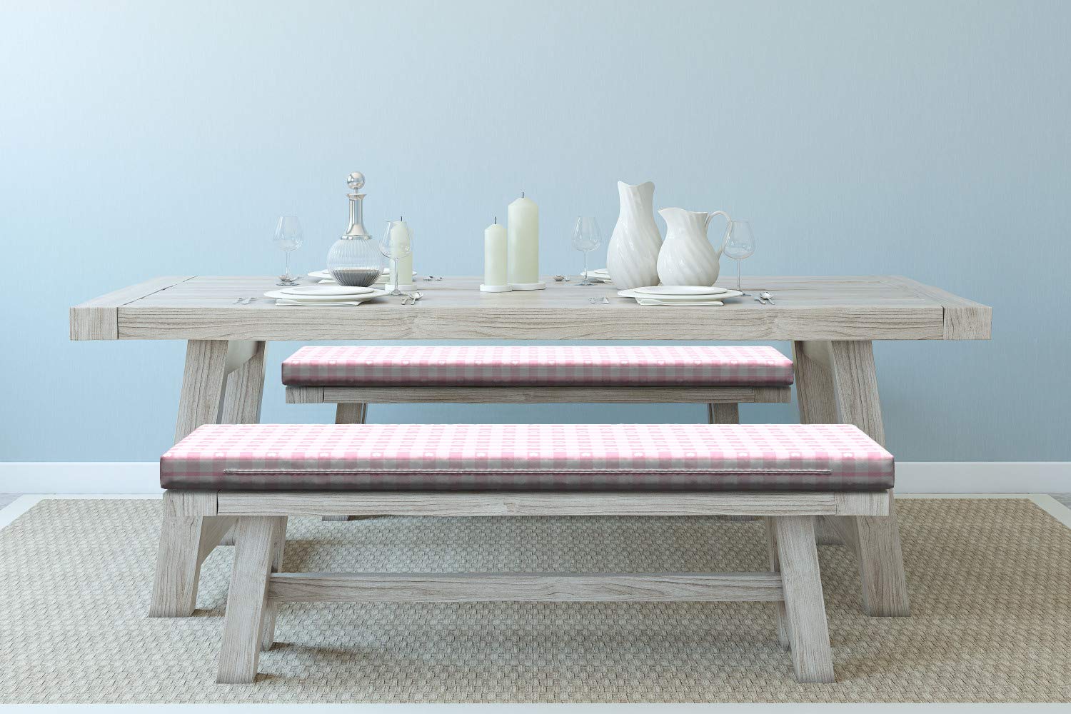 Ambesonne Checkered Bench Cushion Set of 2 - Romantic Heart Pattern Foam Seat Pads with Decorative Cover, Pale Pink & White - Perfect for Indoor/Outdoor Benches, Window Seats, and Garden Furniture