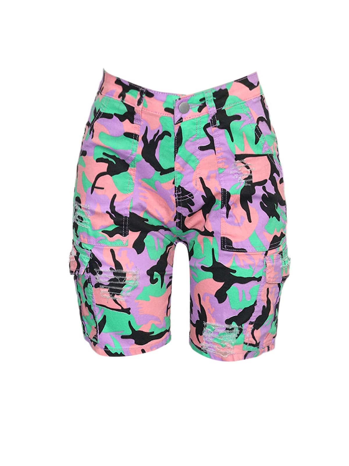 KIRJAUDU Women's High Waisted Ripped Denim Shorts - Camouflage Print Cargo Casual Short Pants for Summer Outfits, Streetwear & Outdoor Activities