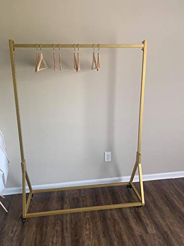 Heavy Duty Metal Rolling Garment Rack with Wheels - Modern Simple Gold Square Tube Clothes Rack (59 Inch Length) for Closet Organization, Laundry Room, Retail Store Display & Home Storage