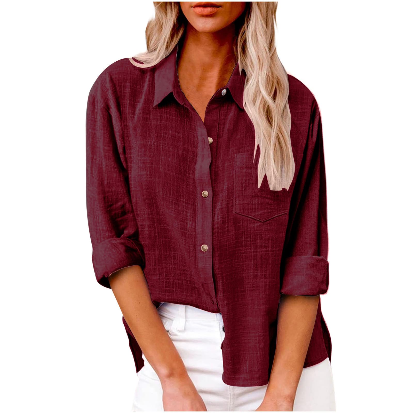 Women's Linen Long Sleeve Blouse - V Neck Button Down Shirt for Summer, Comfortable Business Casual Top | Perfect for Office Wear, Weekend Outings & Travel