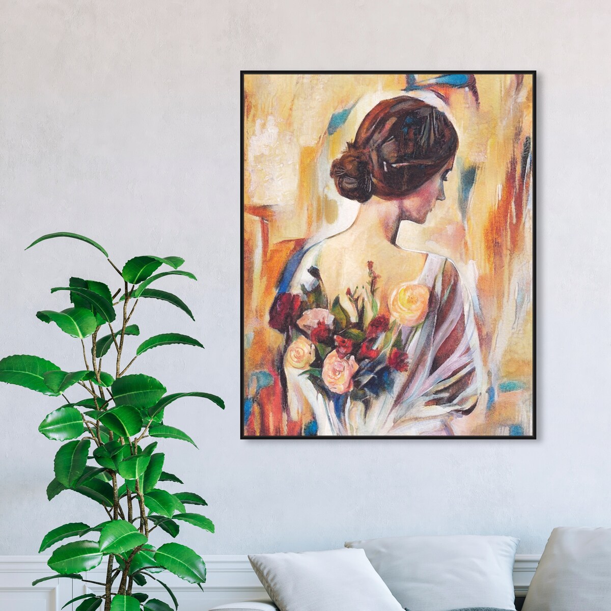 Modern White Framed Canvas Wall Art Print - Floral Back and Flowers Design for Women's Bedroom Decor | Perfect for Home, Living Room & Office Wall Decoration