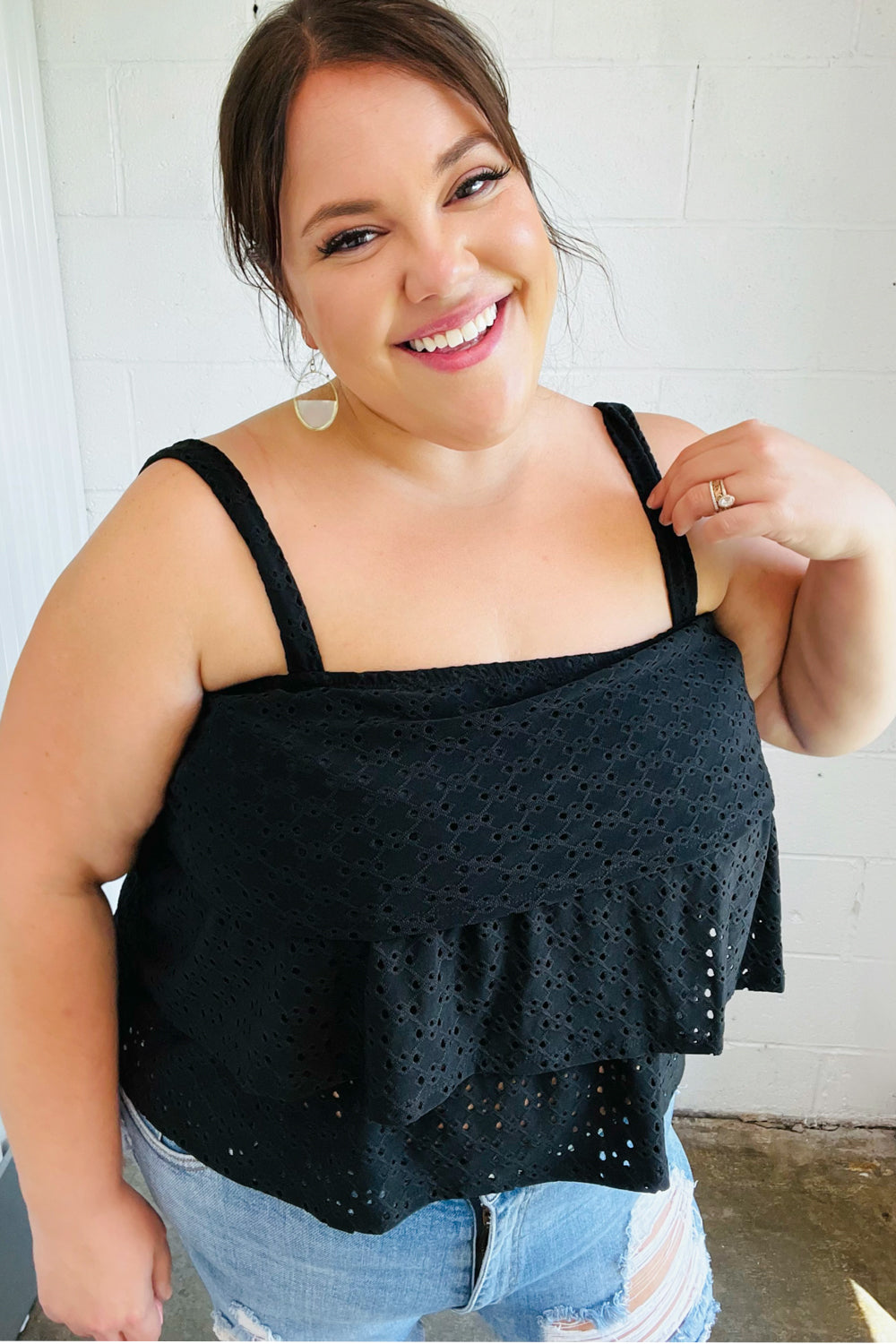 Black Eyelet Tiered Sleeveless Lined Top for Women - Summer Boho Chic Blouse - Perfect for Beach Vacations, Date Nights & Casual Outings