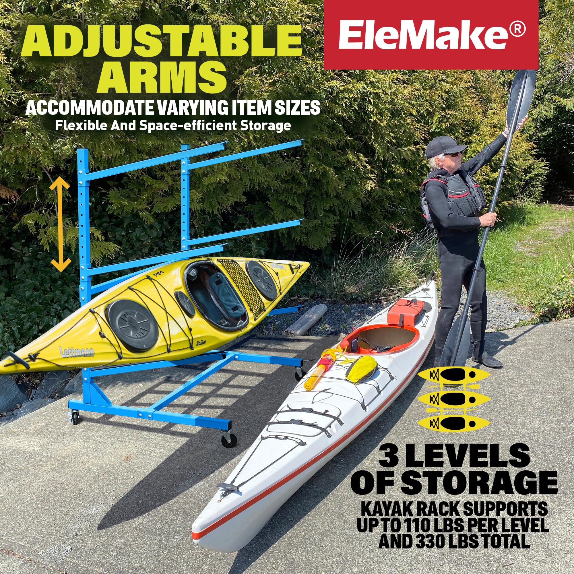Elemake Heavy Duty Kayak Storage Rack with Wheels - Adjustable Freestanding Water Sports Rack for SUP, Paddleboard, Surfboard - Indoor/Outdoor Weatherproof Holder for Garage, Backyard, Dock Storage