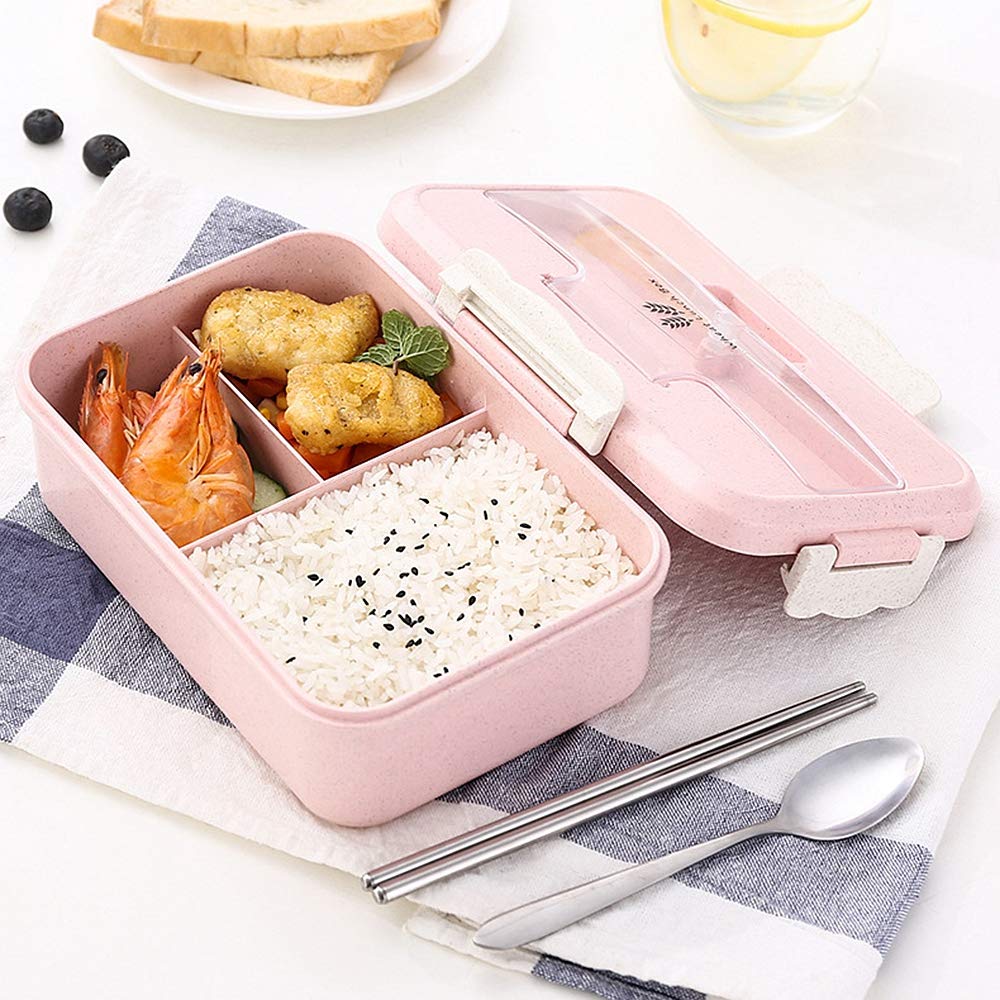 1000ML Portable Plastic Bento Box - Eco-Friendly Wheat Straw Microwave Safe Food Storage Container with Lid (Pink) | Perfect for School Lunches, Office Meals & Picnic Outings