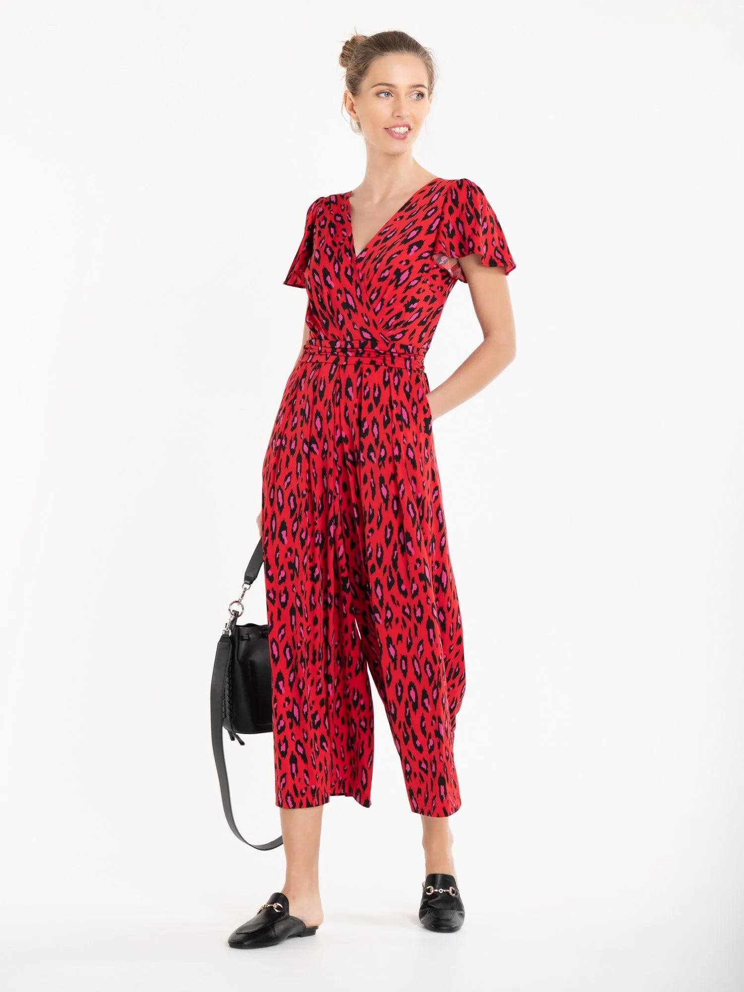 Carla Culotte Jumpsuit for Women - Red Animal Print Romper with Pockets | Casual Summer Outfit for Beach, Party & Vacation