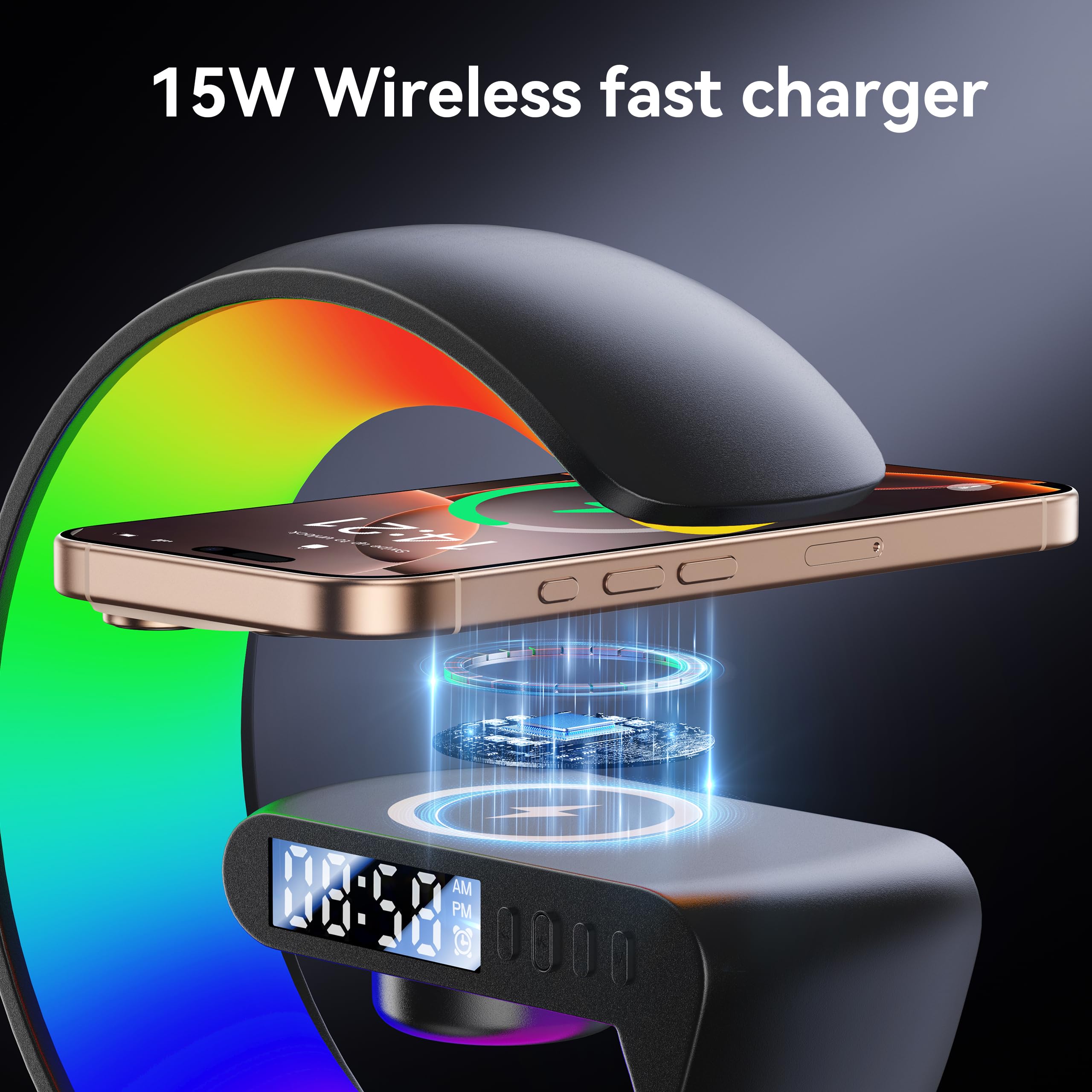 Smart LED Table Lamp with Sunrise Alarm Clock, Wireless Charger & Bluetooth Speaker - 4-in-1 Multifunctional Night Light for Bedroom, Office & Study Room (Black) | Perfect for Reading, Relaxation & Wake-up Light Therapy