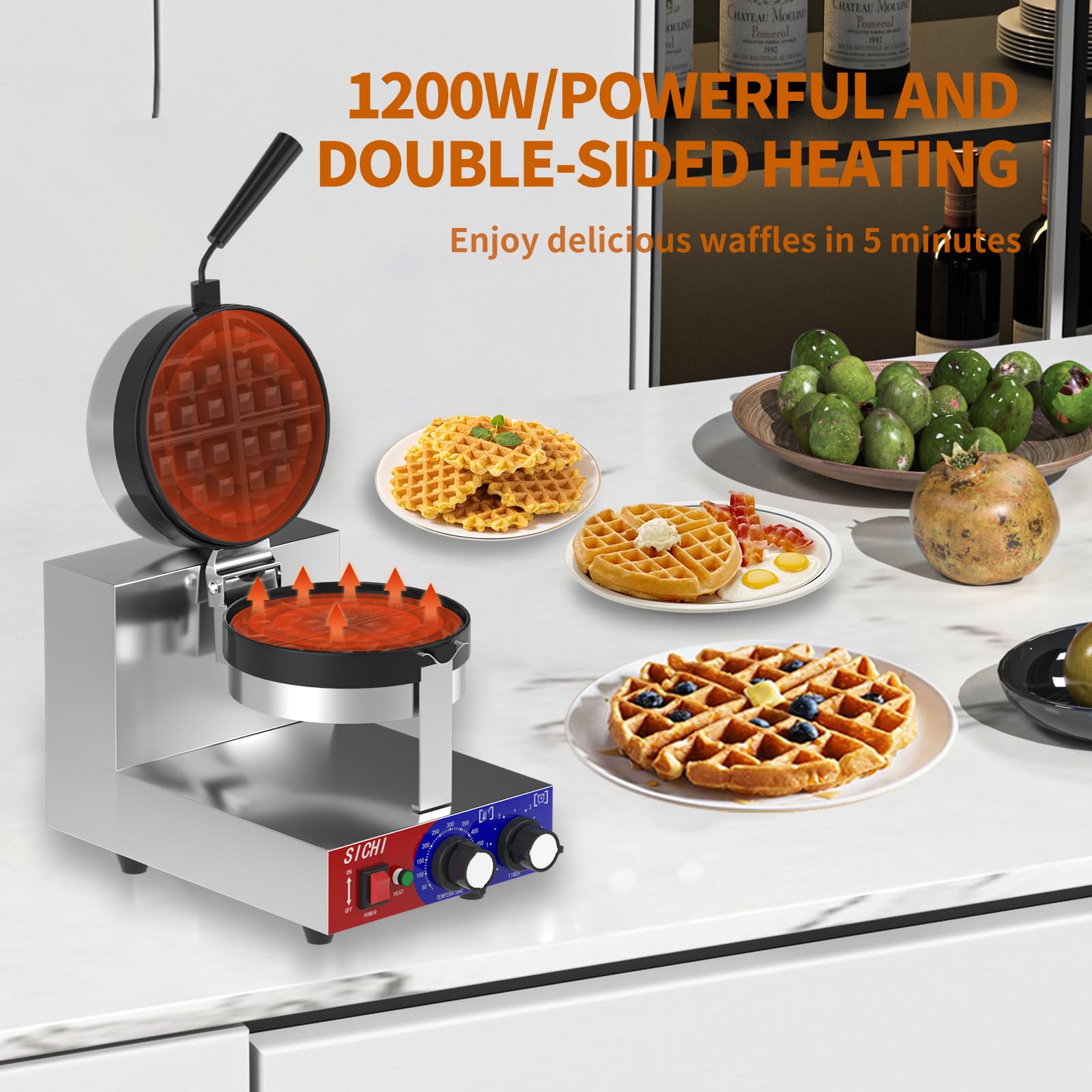 SICHI Commercial Waffle Maker - 1200W Belgian Waffle Iron with Non-Stick Baking Pan, 550°F Fast Heating, Rotating Stainless Steel Waffle Machine for 1.2