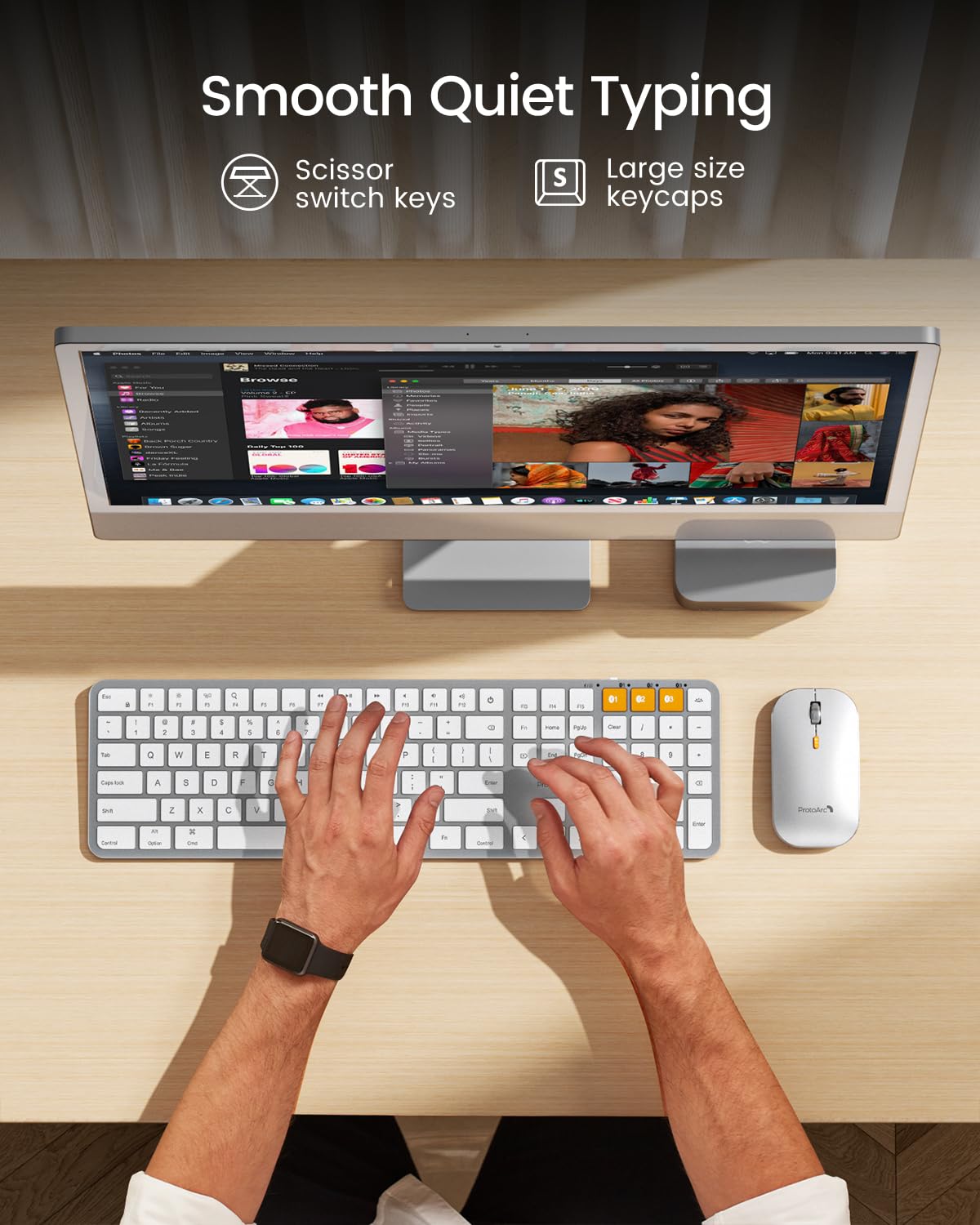 ProtoArc KM100-A Wireless Bluetooth Keyboard and Mouse Combo for Mac - Full-Size Rechargeable Backlit Keyboard with Multi-Device Connectivity for MacBook Pro/Air, iMac, iPhone & iPad (White Silver) - Perfect for Home Office, Gaming & Productivity