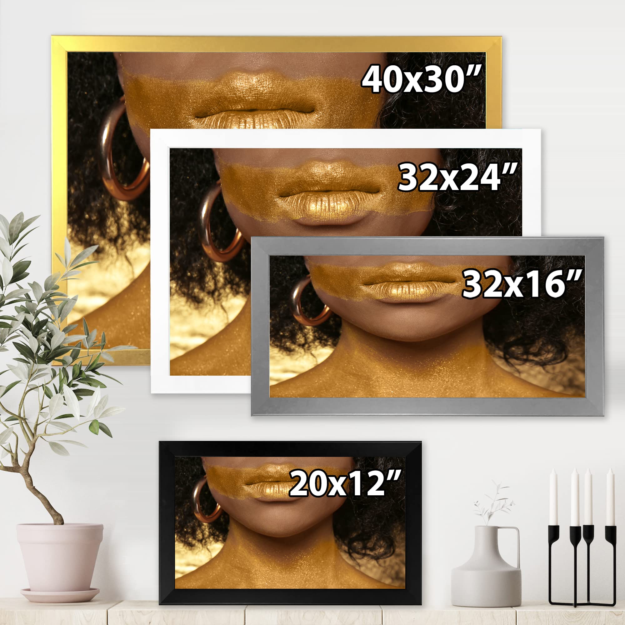African American Woman Body Art with Gold Paint - Modern Framed Wall Decor for Living Room, Bedroom & Office