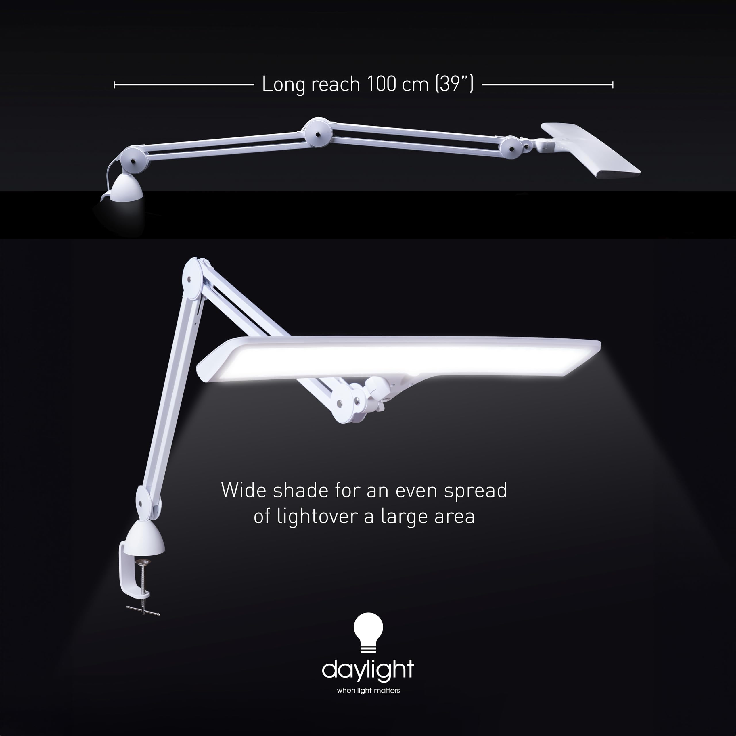 Daylight Company Lumi Task Lamp - 4000 Lux Super Bright LED Desk Light with 95 CRI, Touch Dimmable with 2 Brightness Levels, 15W Metal Craft Lamp for Artists, Drawing, Reading & Office Work