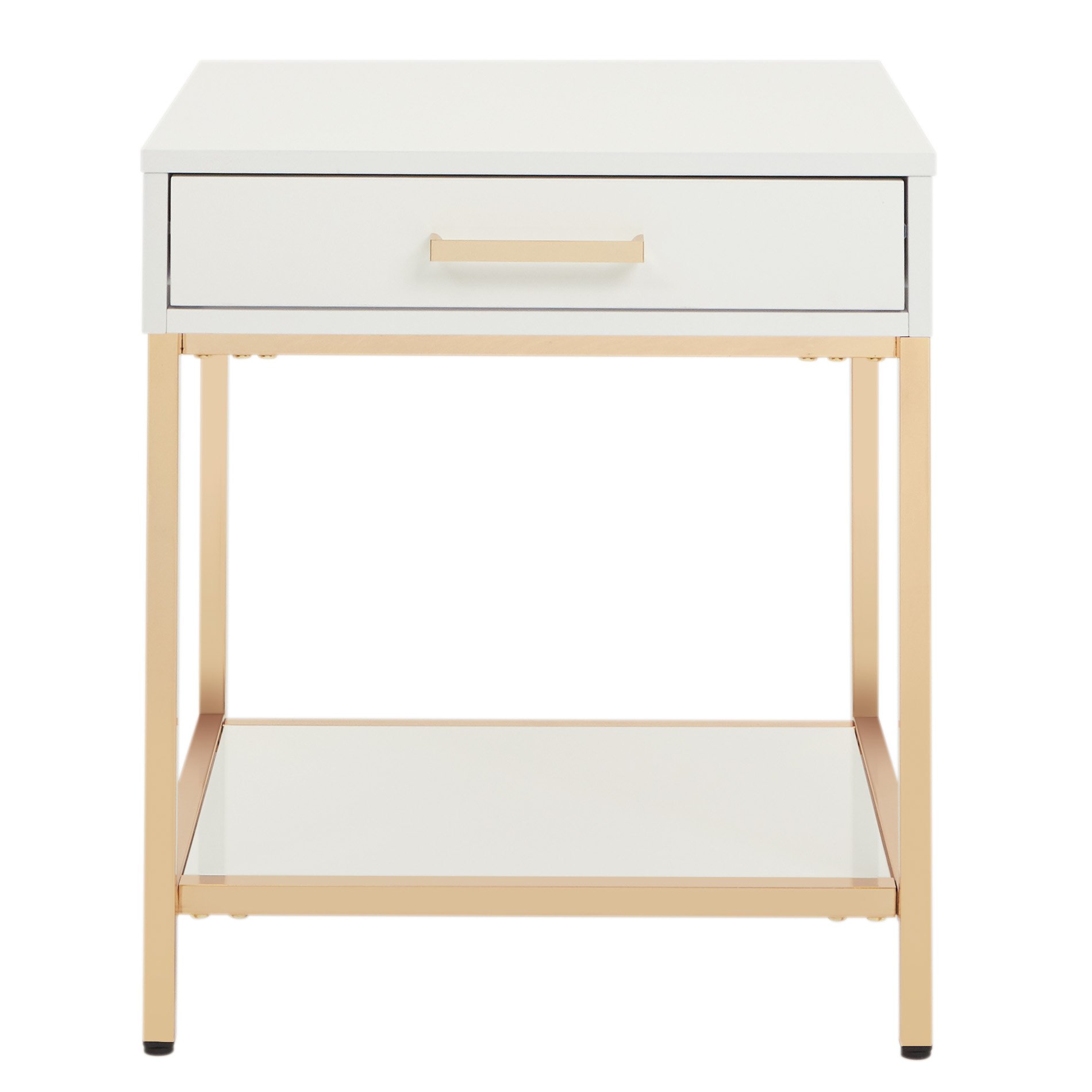 Modern White Gloss End Table with Gold Frame - Contemporary Nightstand for Living Room, Bedroom & Office - OSP Home Furnishings Alios Collection