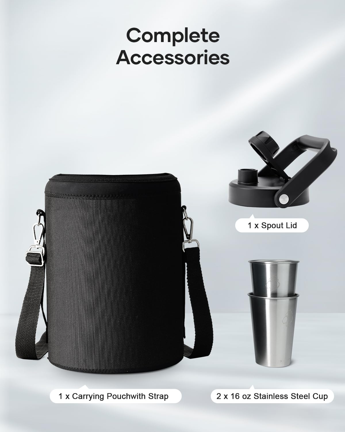 BUZIO 1.5 Gallon (192 oz) Stainless Steel Insulated Water Bottle - Double Wall Vacuum Leak Proof Flask with 2 Cups - Keeps Cold 48 Hours - Large Metal Canteen for Camping, Hiking, Gym, Office & Outdoor Activities