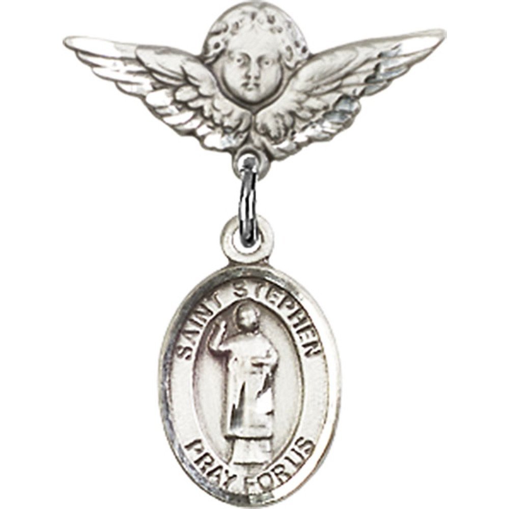 St. Stephen The Martyr Sterling Silver Baby Badge with Angel Wing Charm - 7/8
