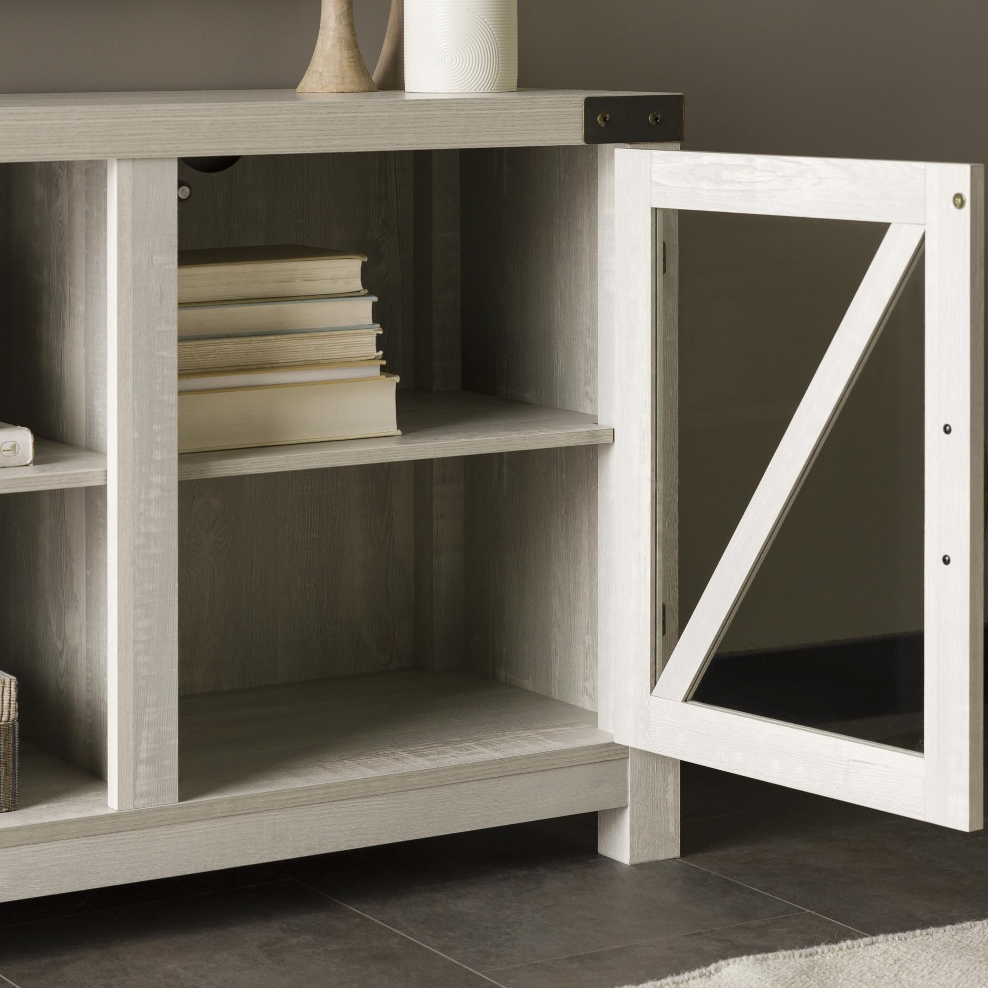 Walker Edison Wesley Modern Farmhouse 65 Inch TV Stand with Glass Doors - Rustic Stone Grey Entertainment Center for Living Room, Bedroom & Home Theater