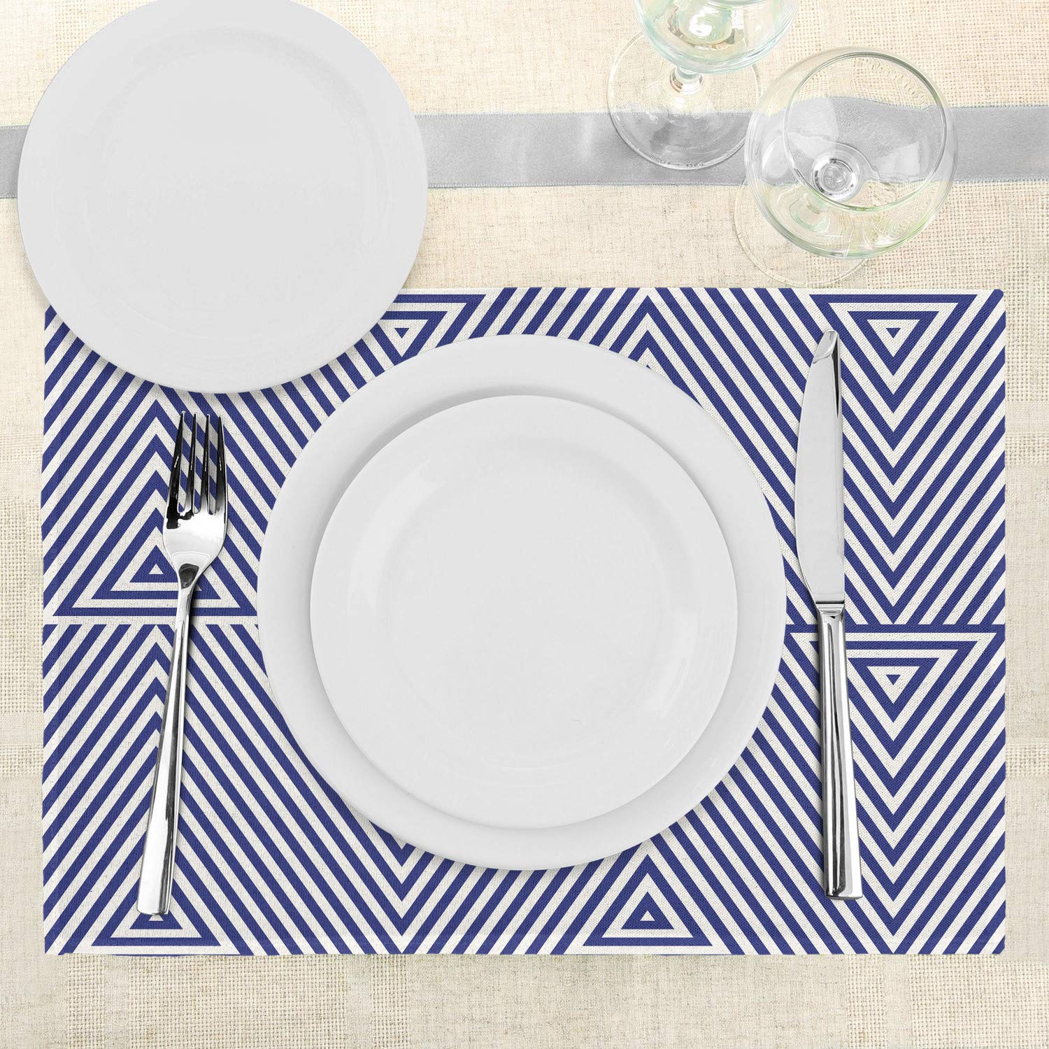 Ambesonne Navy Blue Place Mats Set of 4 - Geometric Triangle Striped Design Washable Fabric Table Mats for Dining Room & Kitchen Decor (Dark Blue/White) | Perfect for Dinner Parties, Holiday Gatherings & Everyday Use