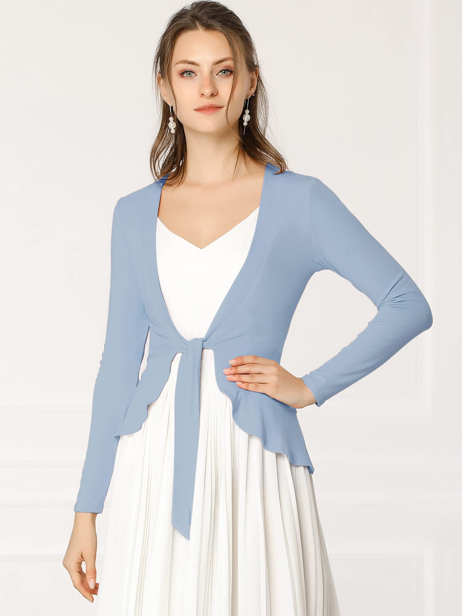 Allegra K Women's Tie Front Knit Cardigan with Ruffle Draped Detail - Casual & Dressy Long Sleeve Open Front Sweater for Office, Date Night & Fall Layering