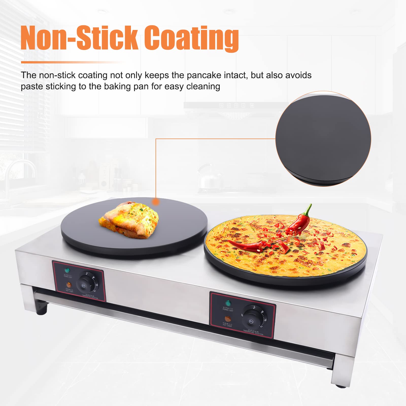 16 Inch Commercial Electric Crepe Maker with Double Nonstick Pans - Adjustable Temperature Pancake Griddle for Crepes, Blintzes, Eggs & Tortillas - Perfect for Restaurants, Cafes and Home Breakfast Cooking