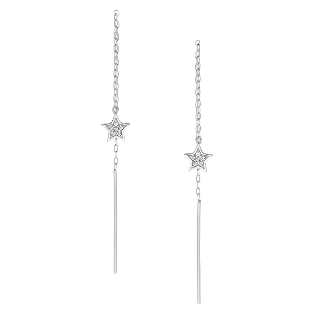 14K Solid White Gold or Rose Gold Handmade CZ Star Threader Drop Earrings - Perfect for Weddings, Parties & Special Occasions