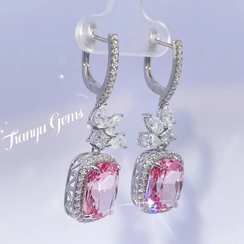 9x12mm Cushion Lab Pink Sapphire Drop Earrings for Women - 10K/14K White Gold with DEF Moissanite Diamonds | Elegant Wedding, Anniversary & Special Occasion Jewelry Gift