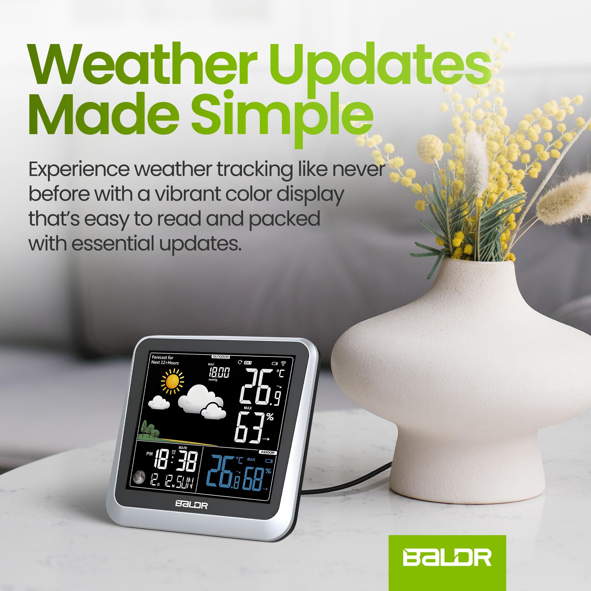 BALDR Wireless Weather Station Clock - Indoor Outdoor Thermometer with Weather Forecast, Barometer & Moon Phase Display - Accurate Temperature Humidity Monitor for Home, Office, Garden & Camping