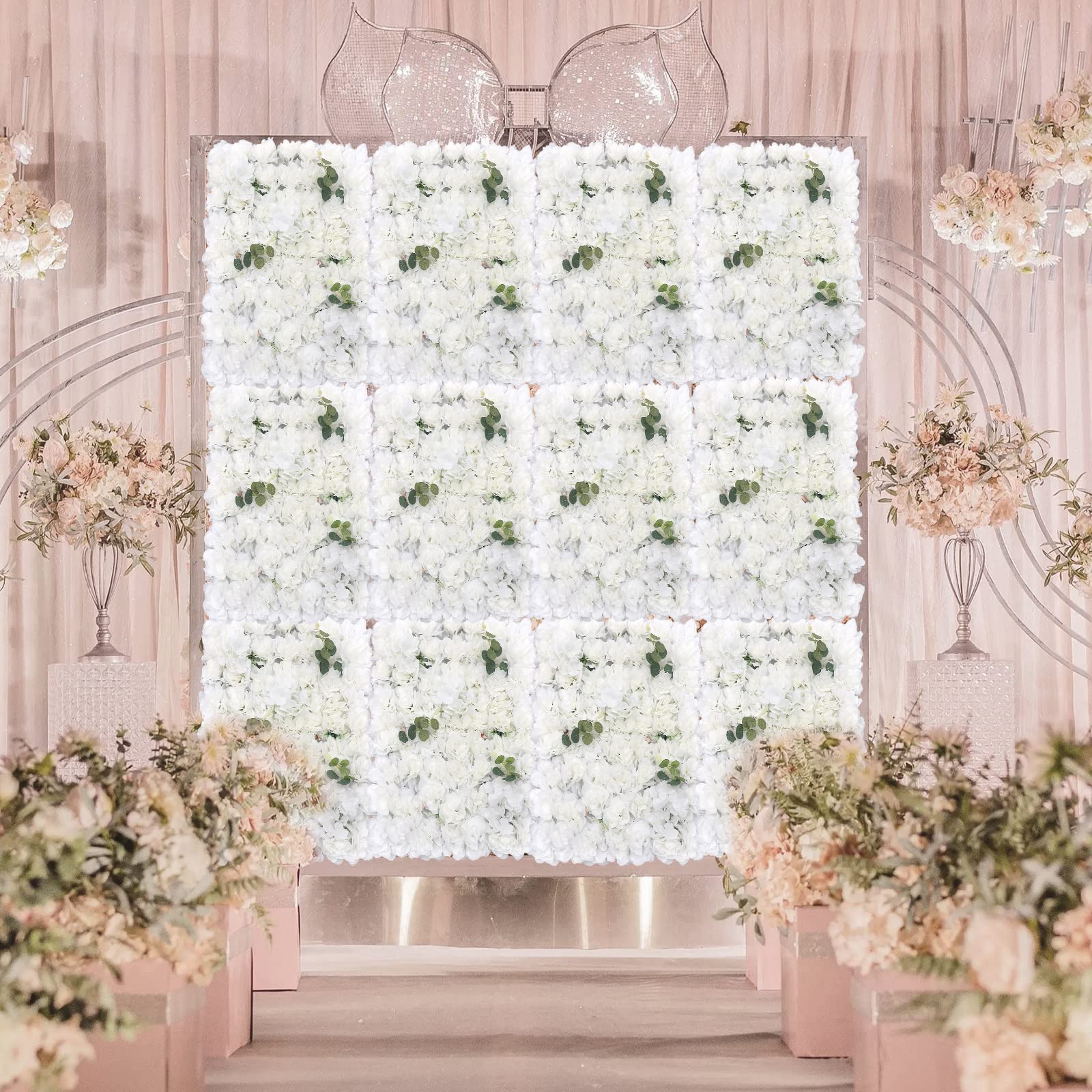 12pcs Artificial Silk Flower Wall Panel - White Rose Floral Backdrop for Wedding, Bridal Shower, Baby Shower, Party Decor, Salon & Home Decoration (23.62