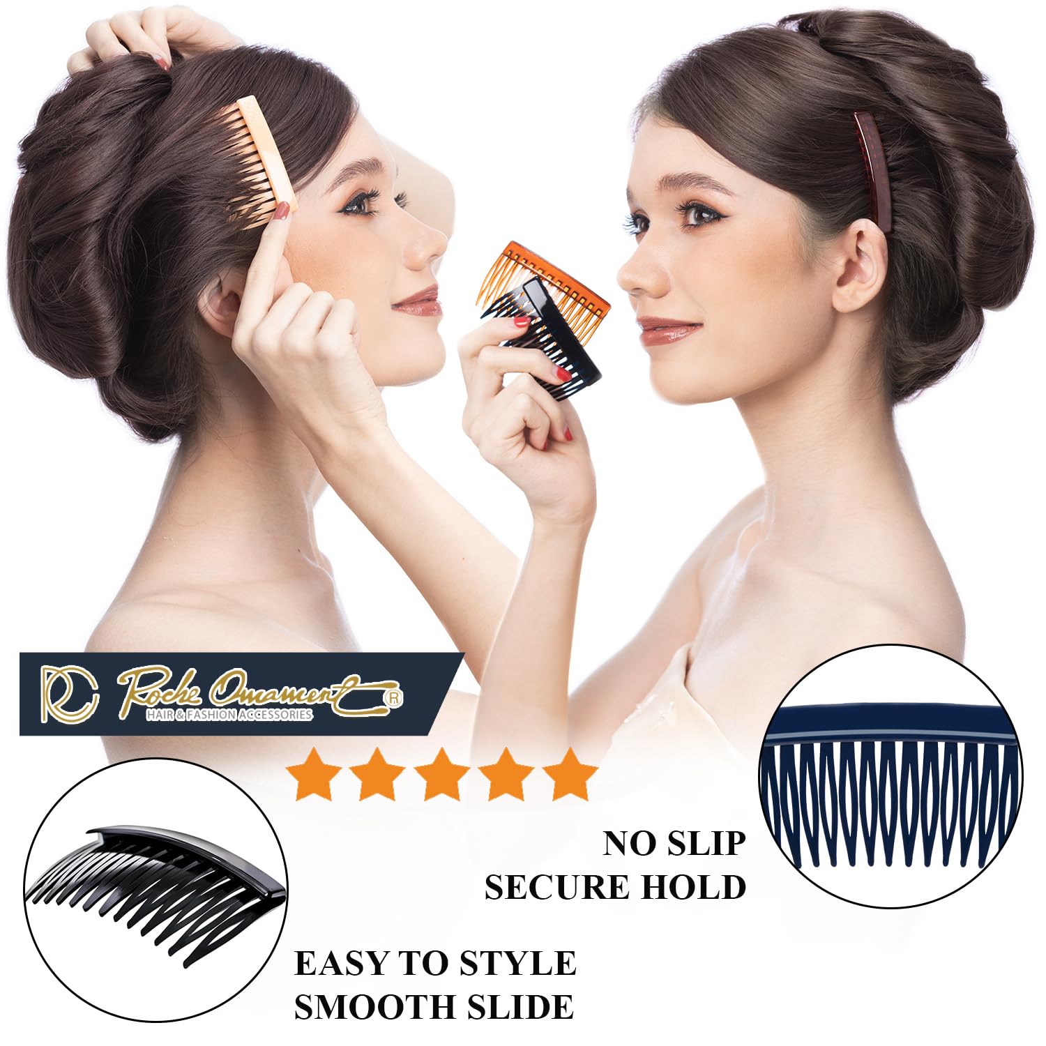 12 Pcs Women's Classic Side Slide Hair Combs - Wide Teeth Solid Plastic Bridal Hair Pins for Women & Girls - Premium Hair Accessories for Weddings, Prom & Everyday Styling (Medium Brown)