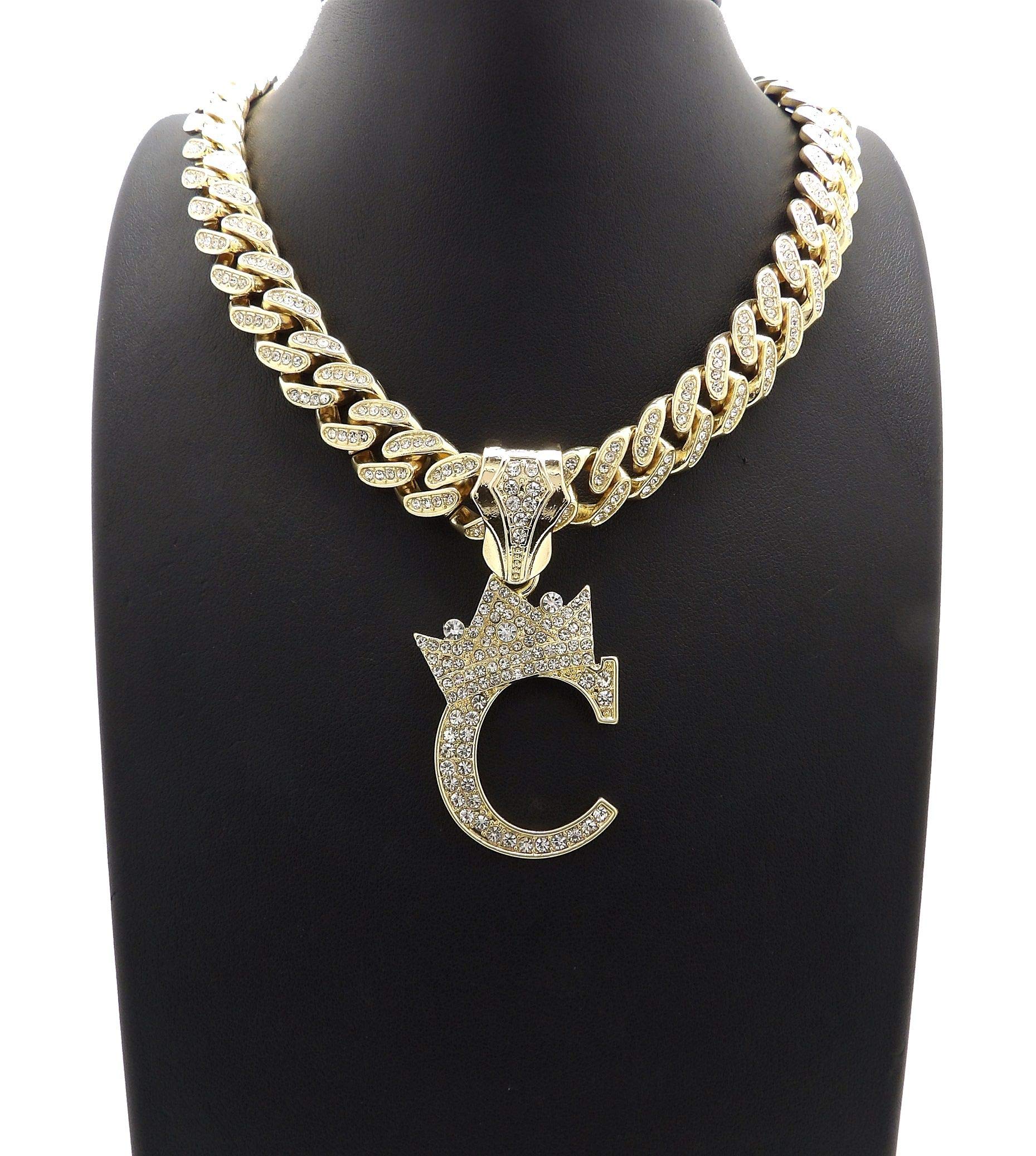 NYFASHION101 Iced Out Miami Cuban Chain Necklace with 12mm Stone Stud Crowned Initial Pendant - Perfect for Hip Hop Jewelry, Streetwear Fashion & Gift Giving