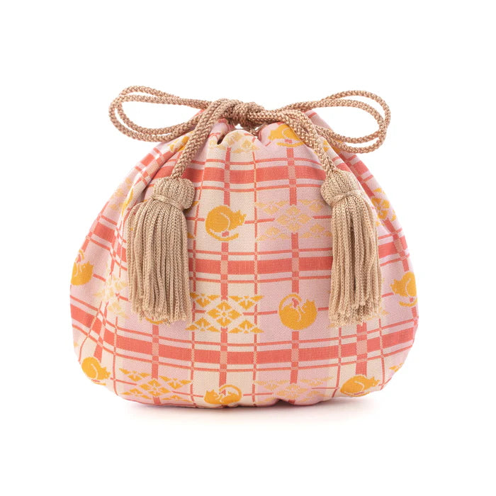 Nishijin Woven Small Drawstring Bag - Cat & Pink Design - Handmade in Kyoto Japan - Traditional Japanese Craft Purse for Women - Perfect for Cosplay, Gifts, and Everyday Use