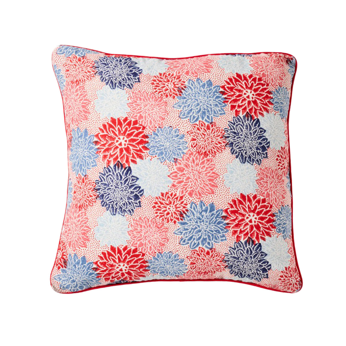 Premium Piped Cushion Cover - Soft Dahlia Crimson & Indigo Floral Design - Perfect for Sofa, Bed, or Home Decor