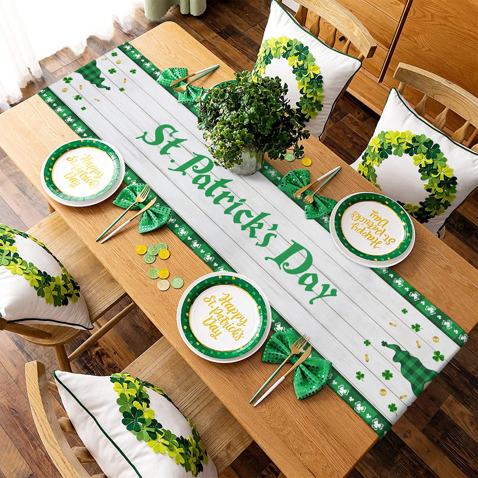 90 Inch Green Plaid Cotton Linen Table Runner with Shamrock Wood Grain Texture - St. Patrick's Day, Wedding & Party Dining Table Decor for Kitchen, Dining Room & Holiday Celebrations