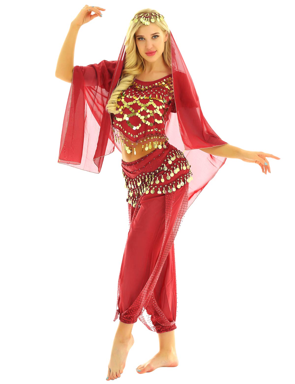 ACSUSS Women's Belly Dance Costume Set - Sparkling Sequined Top & Harem Pants with Hip Scarf | Professional Performance Outfit for Middle Eastern Dance, Yoga, and Fitness | Perfect for Stage Shows, Dance Classes, and Cultural Events