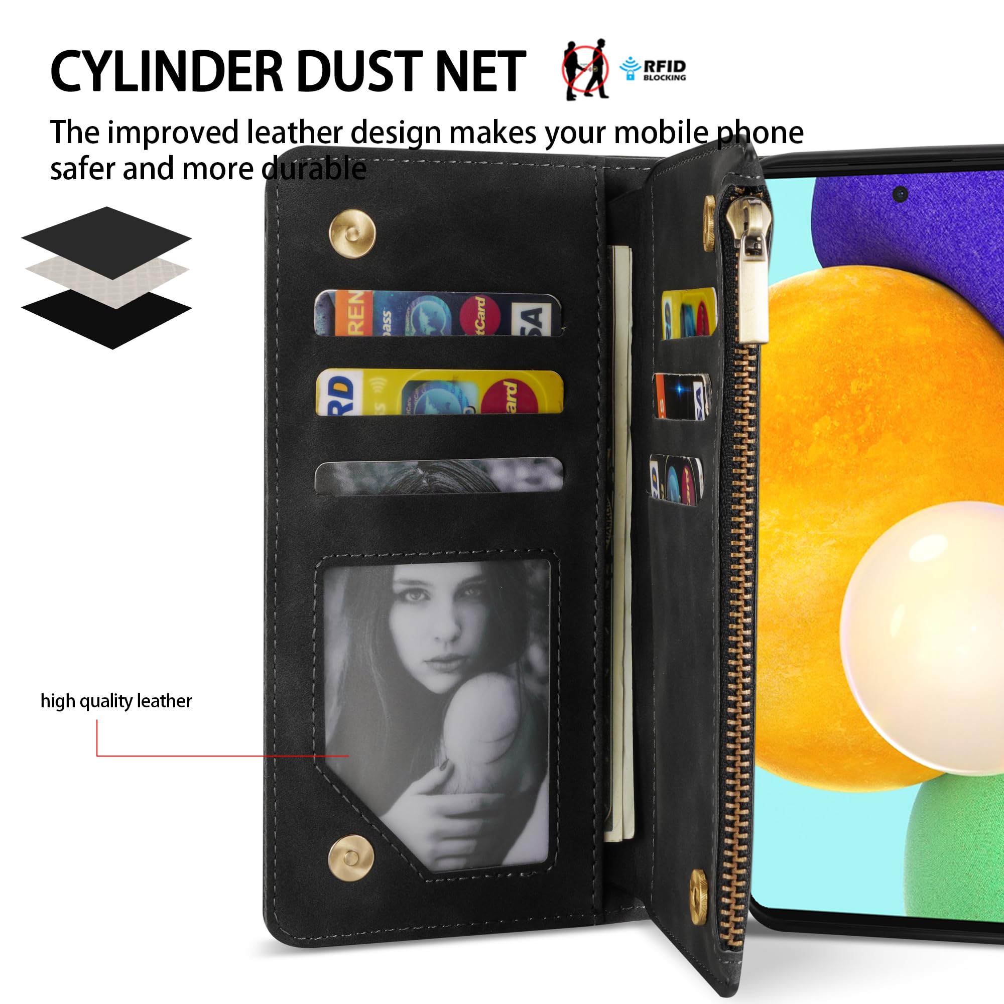 Premium Soft PU Leather Zipper Flip Wallet Case for Samsung Galaxy A52/A52S 5G (6.5 inch) - Card Slots, Wrist Strap & Kickstand | Protective Cover for Daily Use, Travel & Business Meetings (Black)