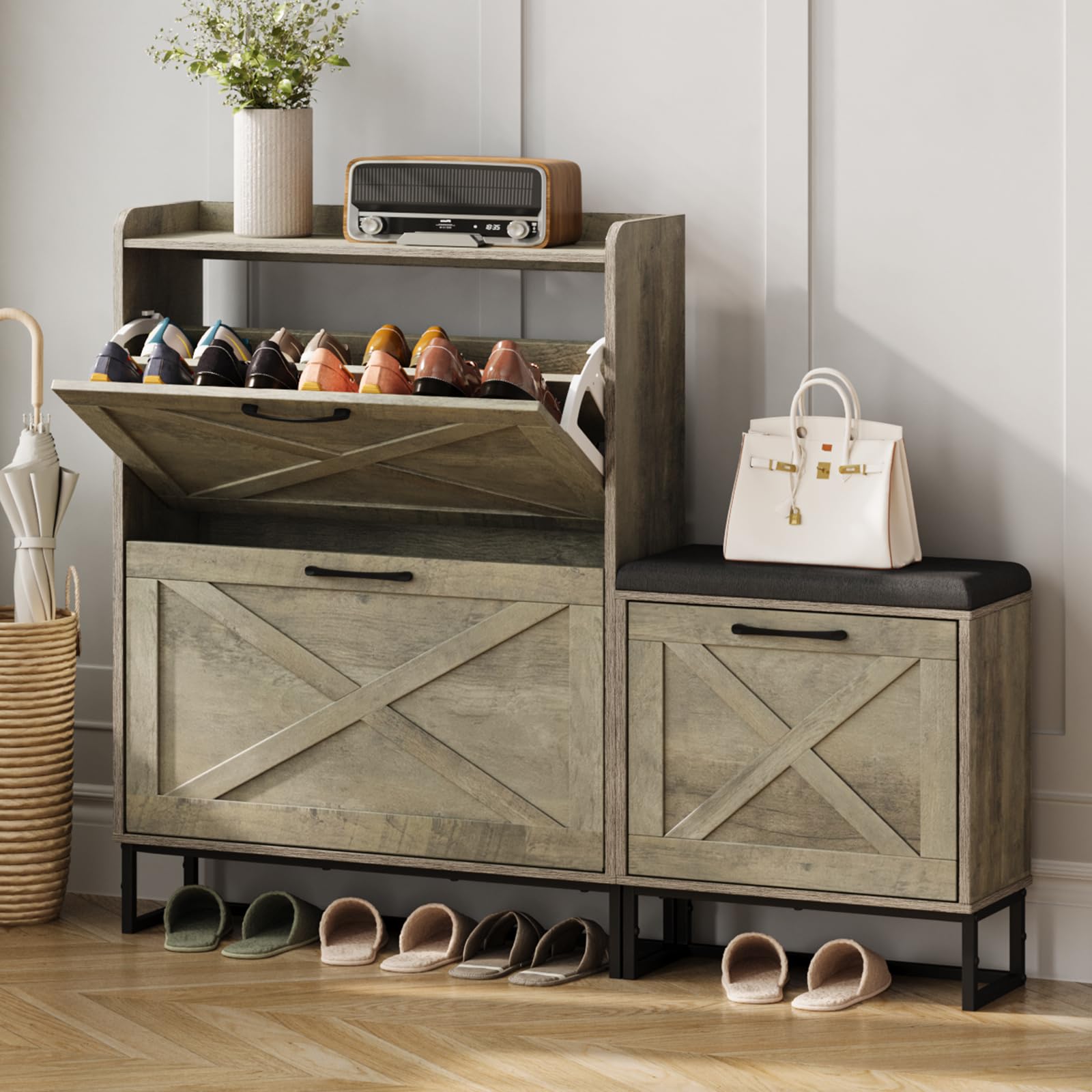 Maupvit 3-Tier Flip Shoe Storage Cabinet with Bench - Holds 20 Pairs of Shoes, Space-Saving Entryway Shoe Organizer for Hallway, Living Room & Small Spaces - Grey (Perfect for Apartments, Dorms & Closet Organization)