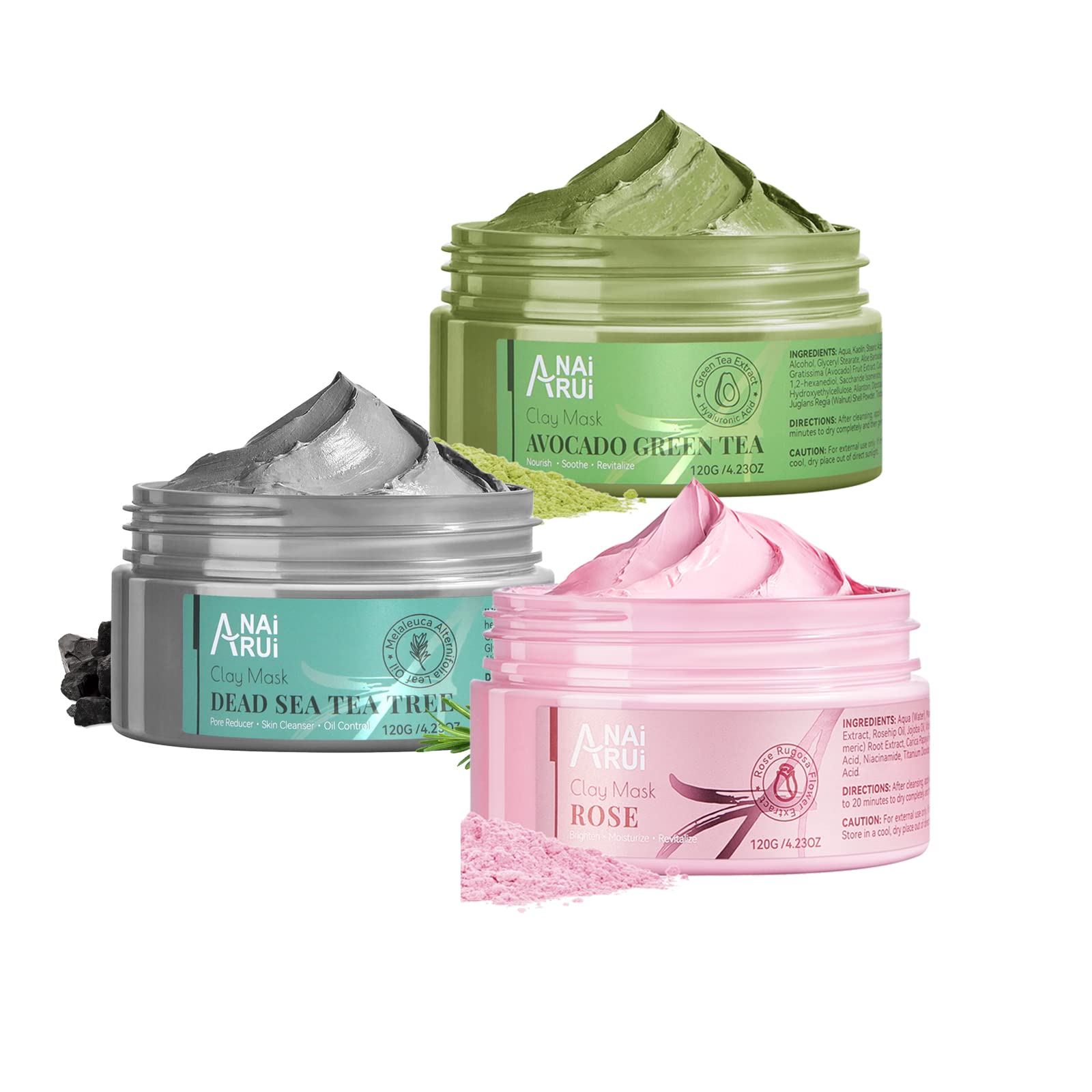ANAI RUI Clay Mask Set - Pink Clay Mask, Dead Sea Mud Mask & Avocado Mask for Deep Pore Cleansing, Skin Hydration & Brightening | Spa Day at Home, Self-Care Routine, Glowing Skin Treatment