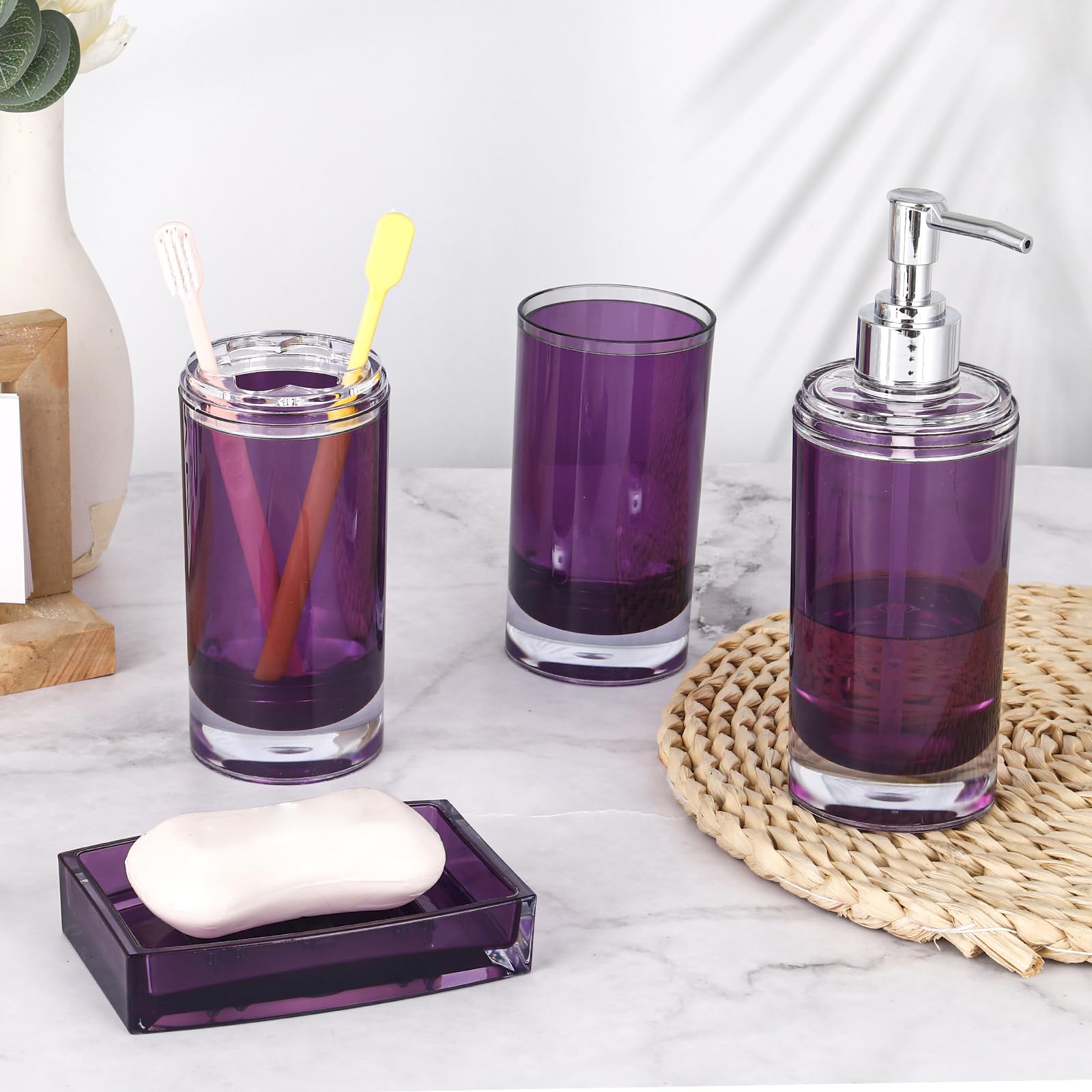 5-Piece Dark Purple Acrylic Bathroom Set - Soap Dispenser, Soap Dish, Toothbrush Holder, Tumbler & Toilet Brush with Holder | Modern Bathroom Decor & Housewarming Gift | Perfect for Guest Bathrooms, Master Suites & Spa-Inspired Home Decor