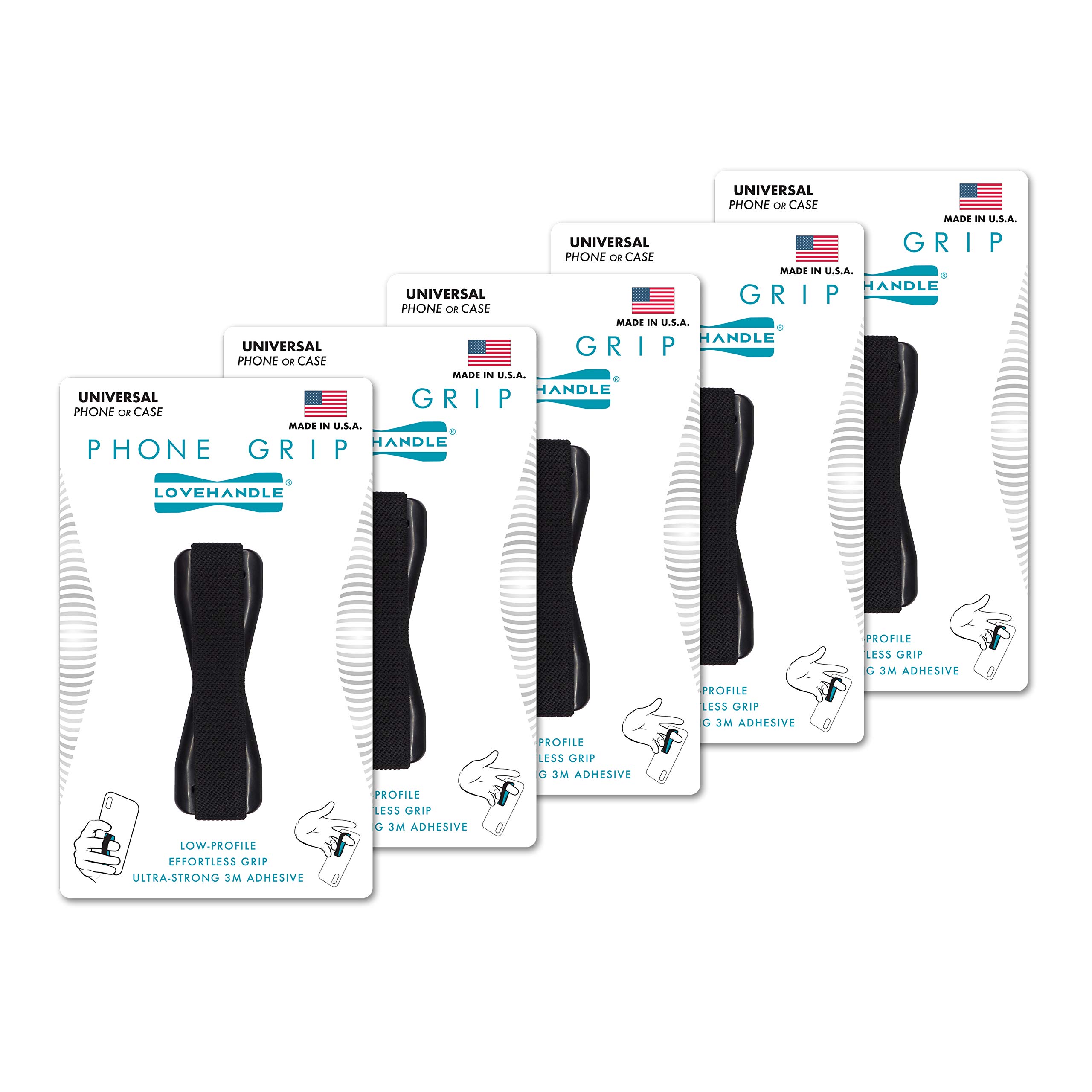 LoveHandle Phone Grip for iPhone, Samsung & Most Smartphones - 5 Pack Black Elastic Strap with Non-Slip Base - Perfect for Gym, Running, Travel & Everyday Use (LH-01-5PackBlack)