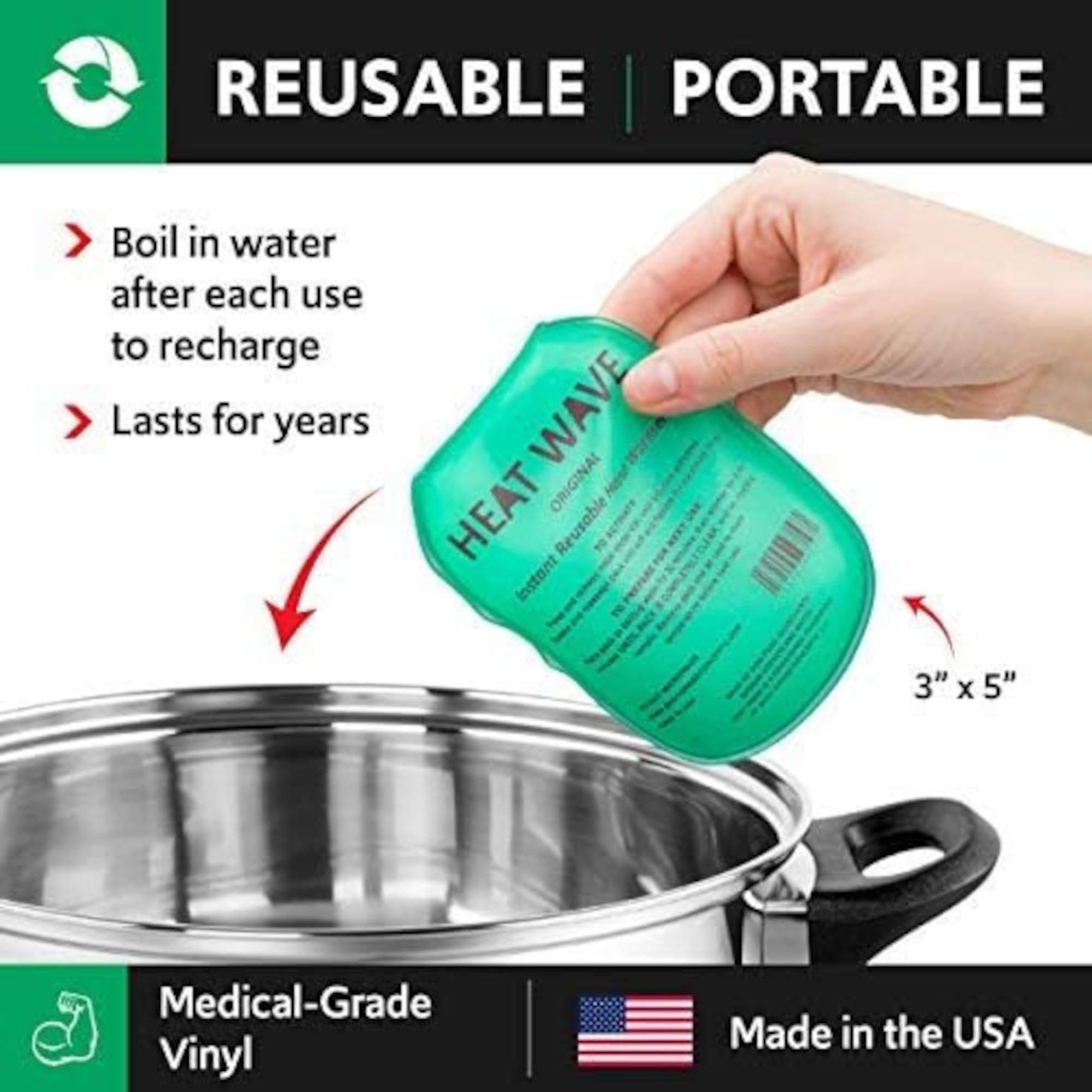 Instant Heat Hand Warmer 3x5 Reusable - Small Green (4 Pack) for Outdoor Activities, Skiing, Hunting & Winter Sports