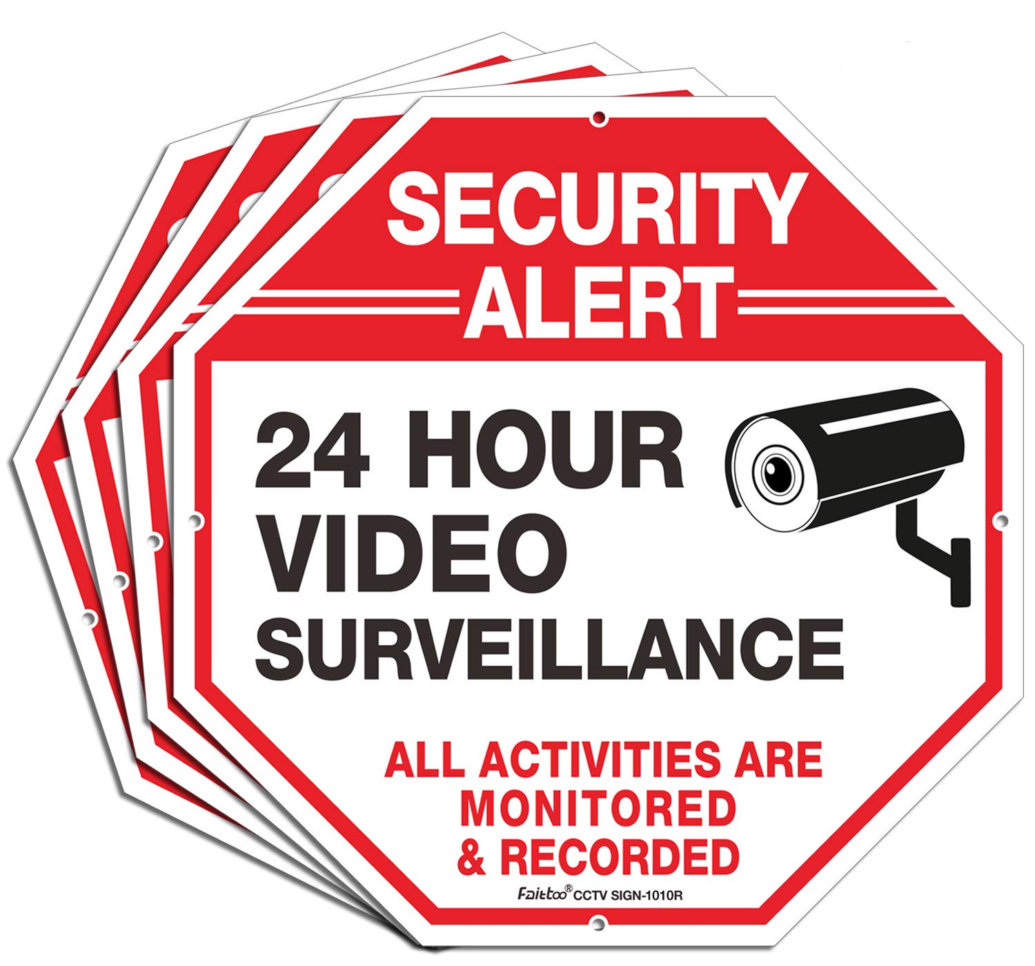 Faittoo (4 Pack) 10x10 Inch Reflective Security Warning Signs - .040 Aluminum All Activities Monitored & 24/7 Video Surveillance Signs for Home, Business, CCTV Cameras - Indoor & Outdoor Use - Deter Burglars & Protect Property