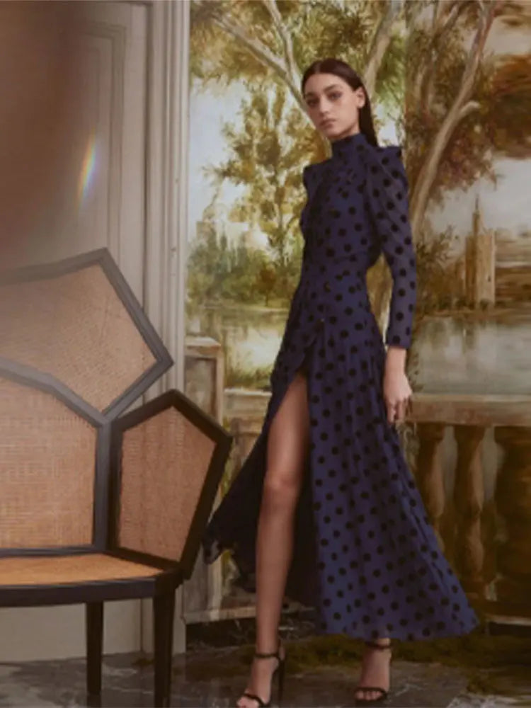 Elegant Polka Dot Printed Women's Slit Maxi Dress - Chic Mock Neck Shoulder Pads Backless Robe - Spring Summer Beach Party Wedding Guest Dress Fashion Vestidos