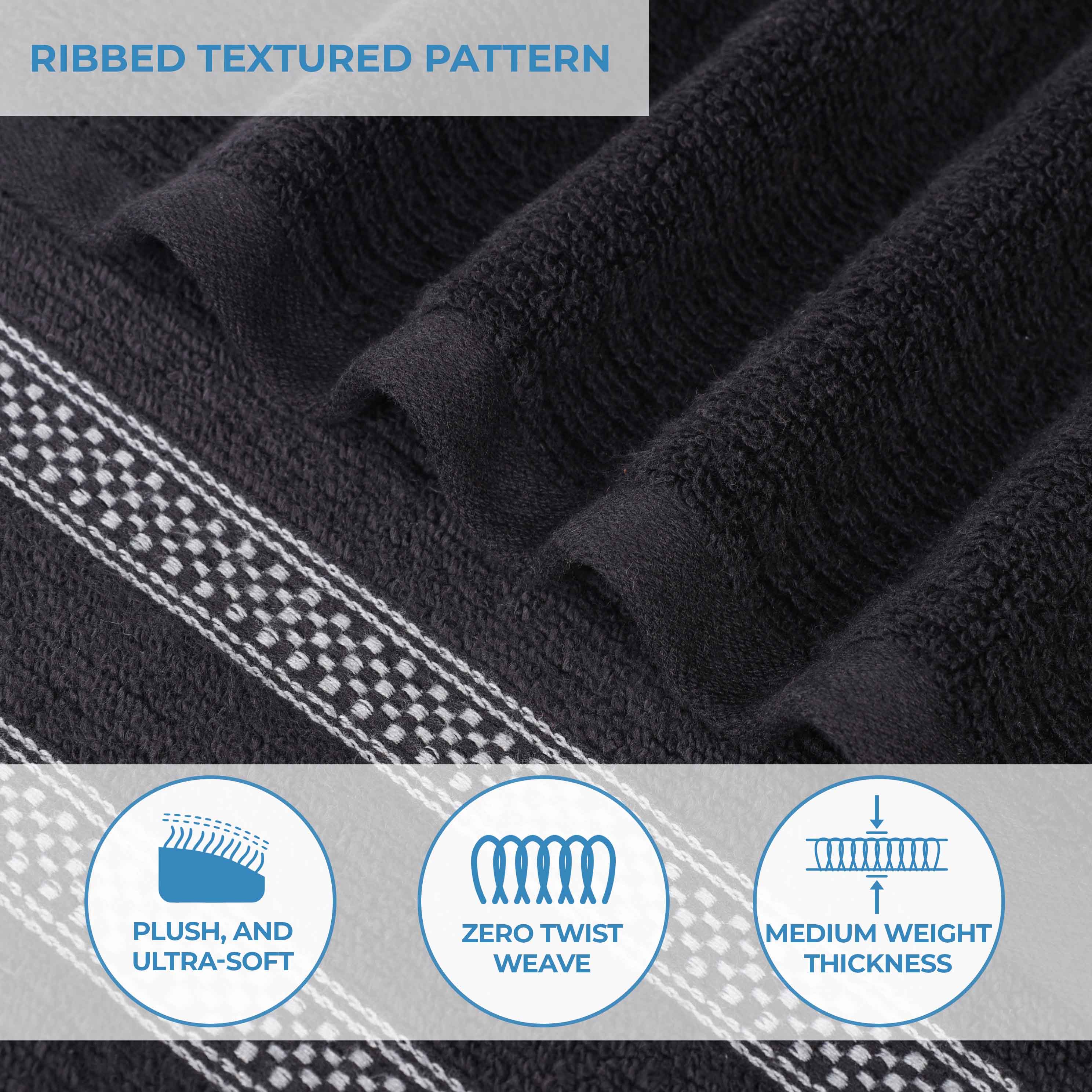 12-Pack Zero Twist Cotton Ribbed Geometric Border Plush Face Towels | Ultra Soft Bath & Hand Towels for Spa, Gym, Travel & Home Use