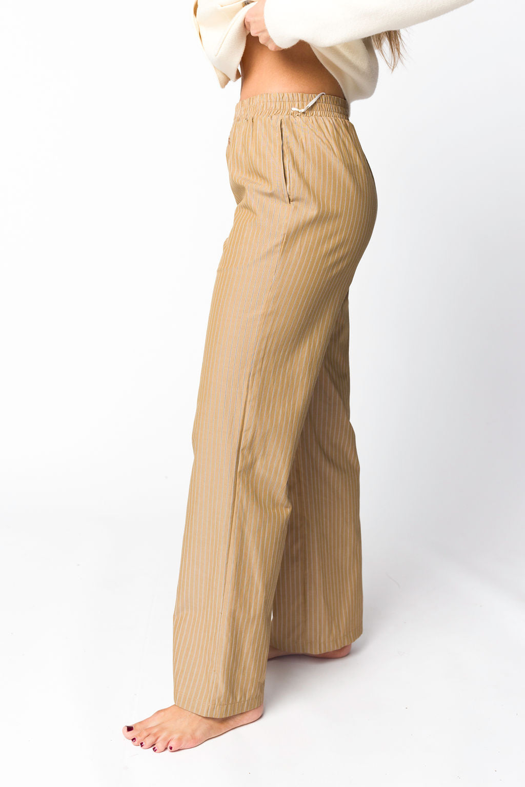 Michelle Striped Pajama Pants for Women - Soft Cotton Lounge Pants with Elastic Waist - Camel Color Sleepwear & Home Wear for Relaxing, Lounging, and Travel