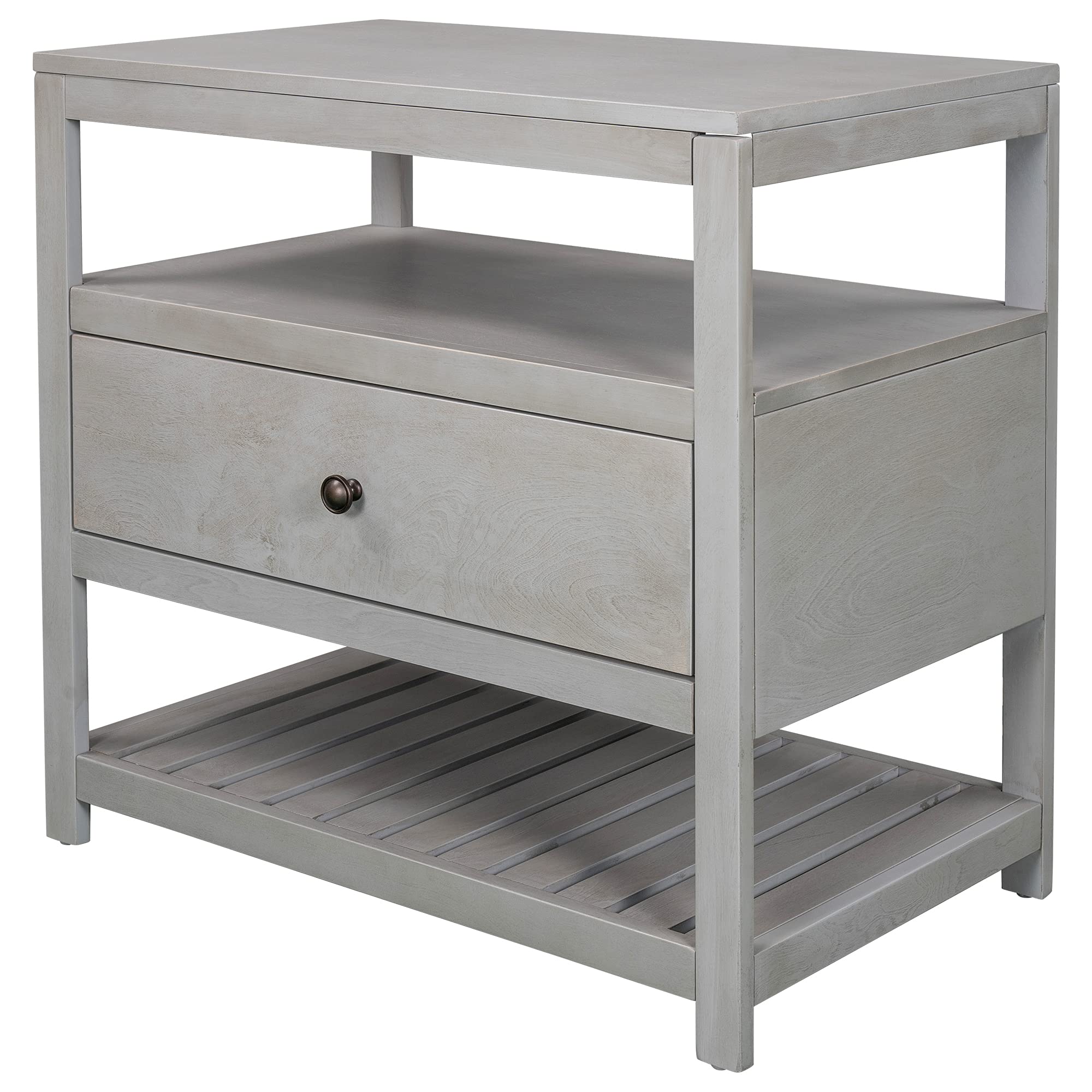 Mid Century Modern Wood Nightstand with Drawer and Shelf - Grey Bedside Table for Bedroom, Living Room & Office Storage | Compact End Table with Ample Storage Space