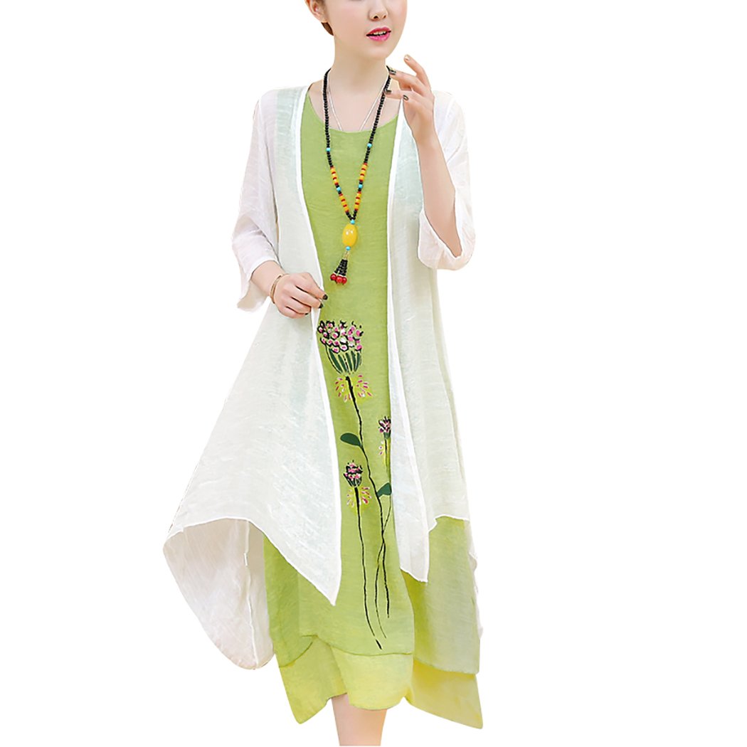 Women's Bohemian Maxi Dress 2-Piece Set - Flowy Linen Cotton Casual Outfit with Artistic Folk Print (XXL, Olive Green) | Perfect for Summer Festivals, Beach Vacations & Boho Chic Style