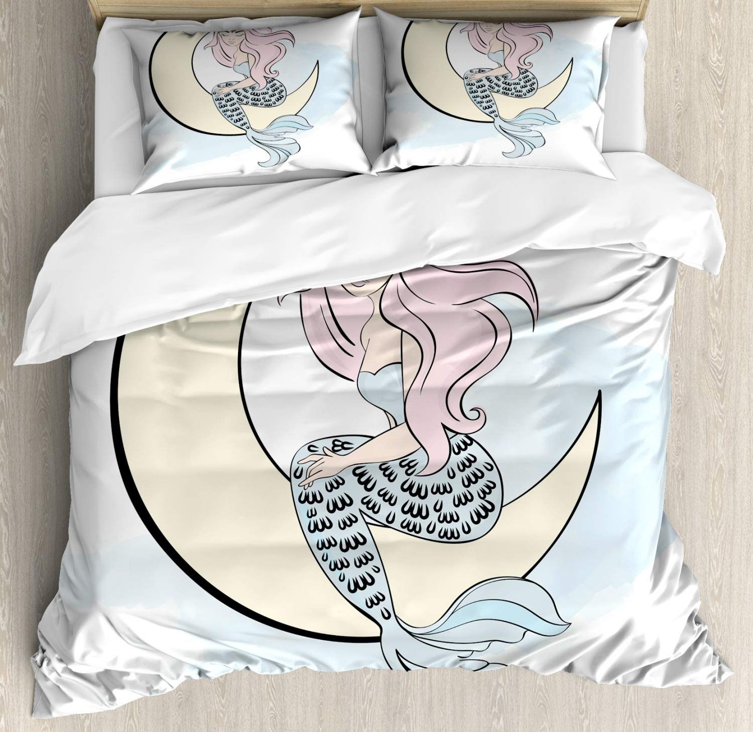 Ambesonne Magic Moon Duvet Cover Set - Queen Size 3-Piece Bedding with Mermaid Doodle Design, Pale Blue Multicolor | Perfect for Kids' Rooms, Beach Themed Decor & Fantasy Bedroom Makeovers