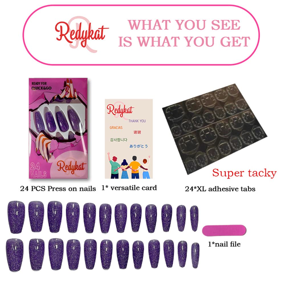 Redykat 24PCS Glossy Coffin Press On Nails - Salon Quality Acrylic Fake Nails with Thermochromic Purple Color | Extra Long False Nails for Home Manicure, Parties, Weddings & Special Occasions