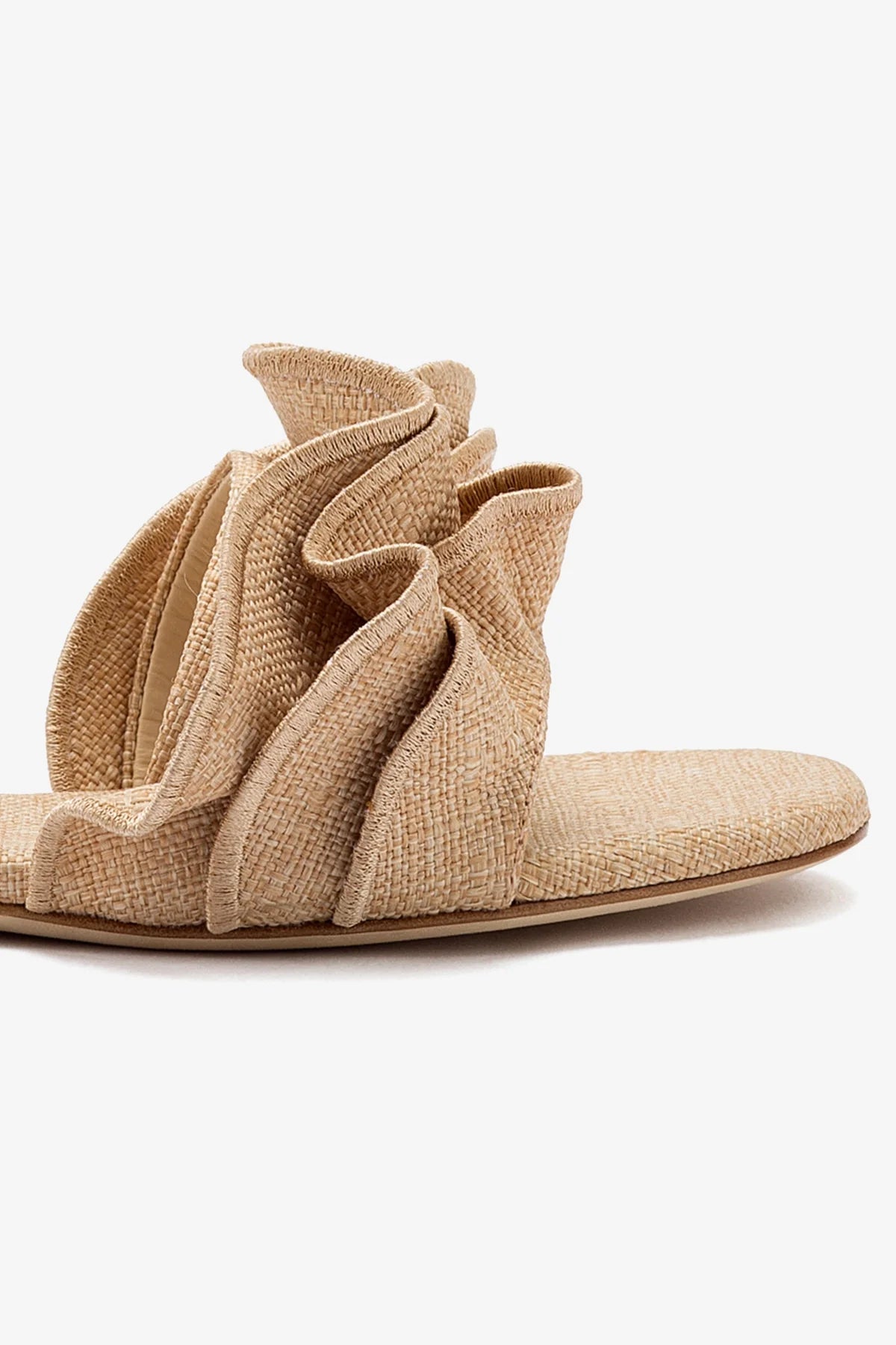 Stylish Ivy Ruffle Flat Mule Sandals in Beige Raffia - Perfect for Summer Outfits, Beach Vacations & Casual Wear