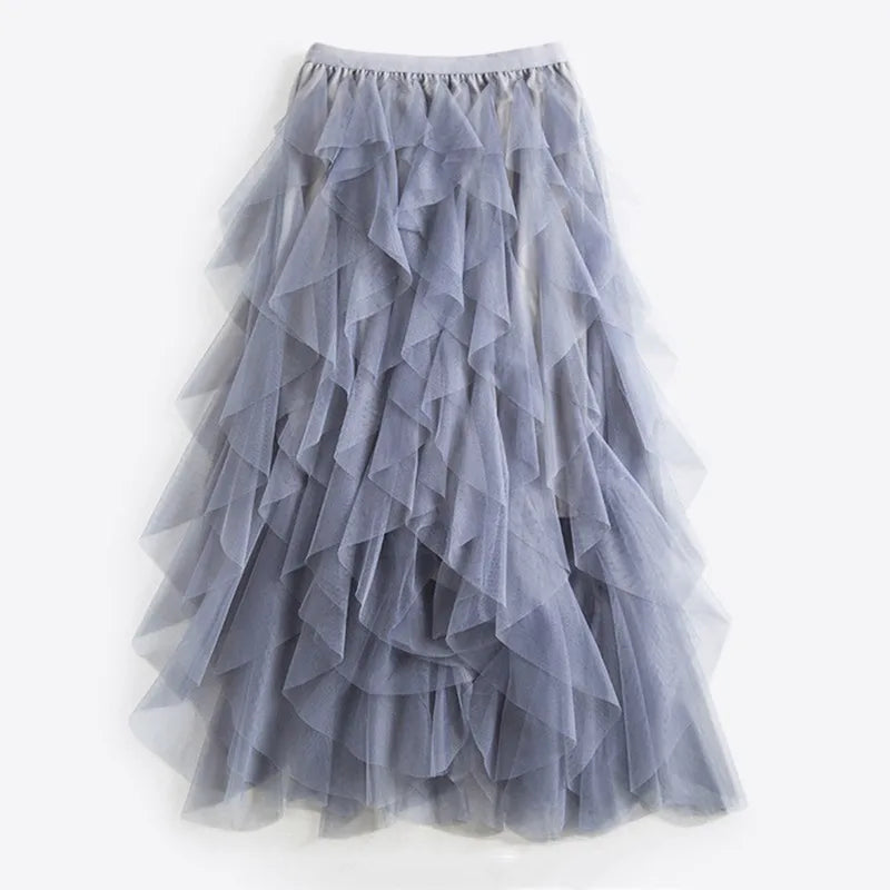 Women's Asymmetrical Mesh Skirt - High Waist Ankle Length Korean Fashion Skirt for Elegant Outfits | Perfect for Casual Wear, Office Attire & Special Occasions